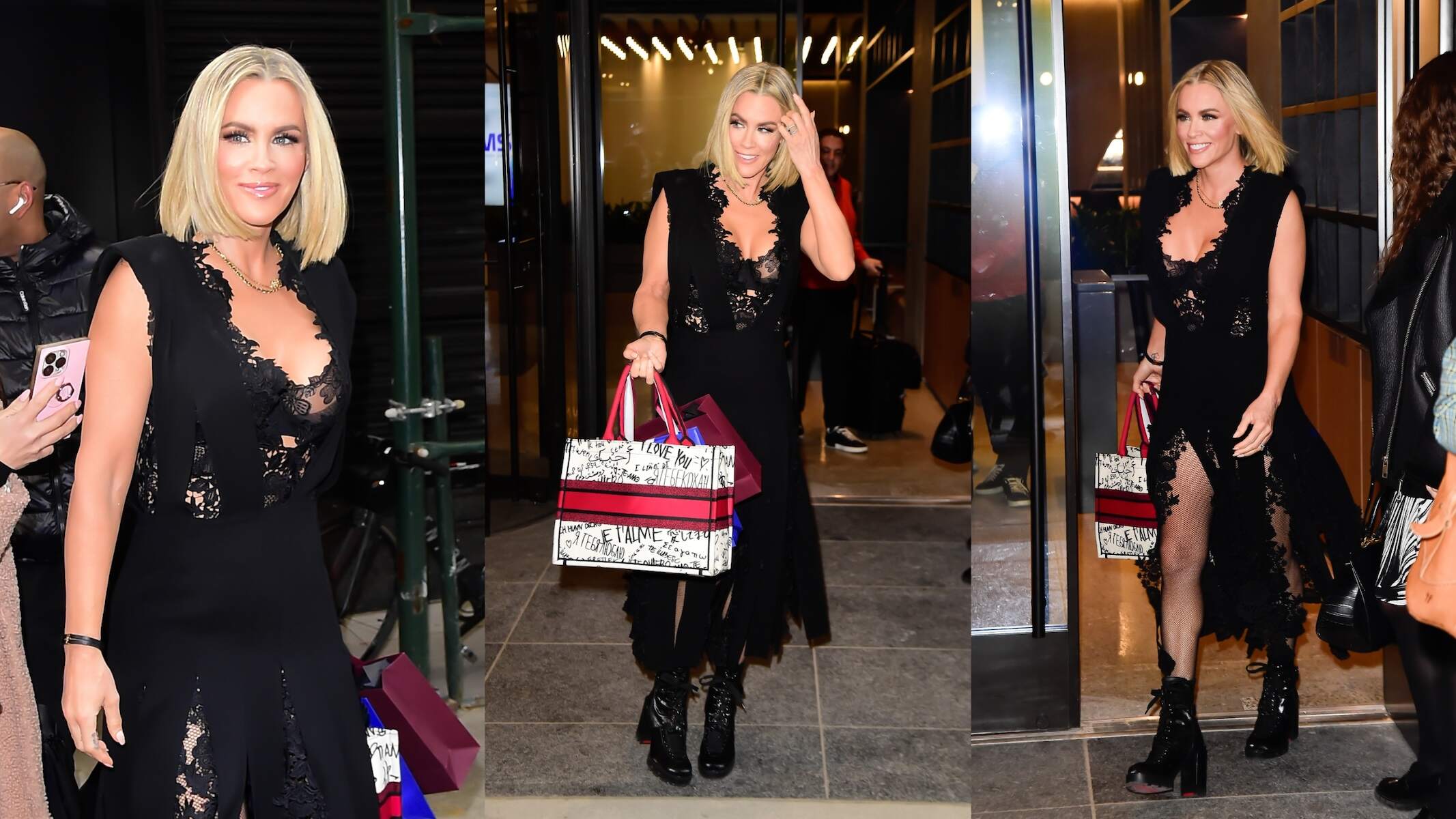 Actor Jenny McCarthy wears a lacy black dress while leaving the Bravo studios