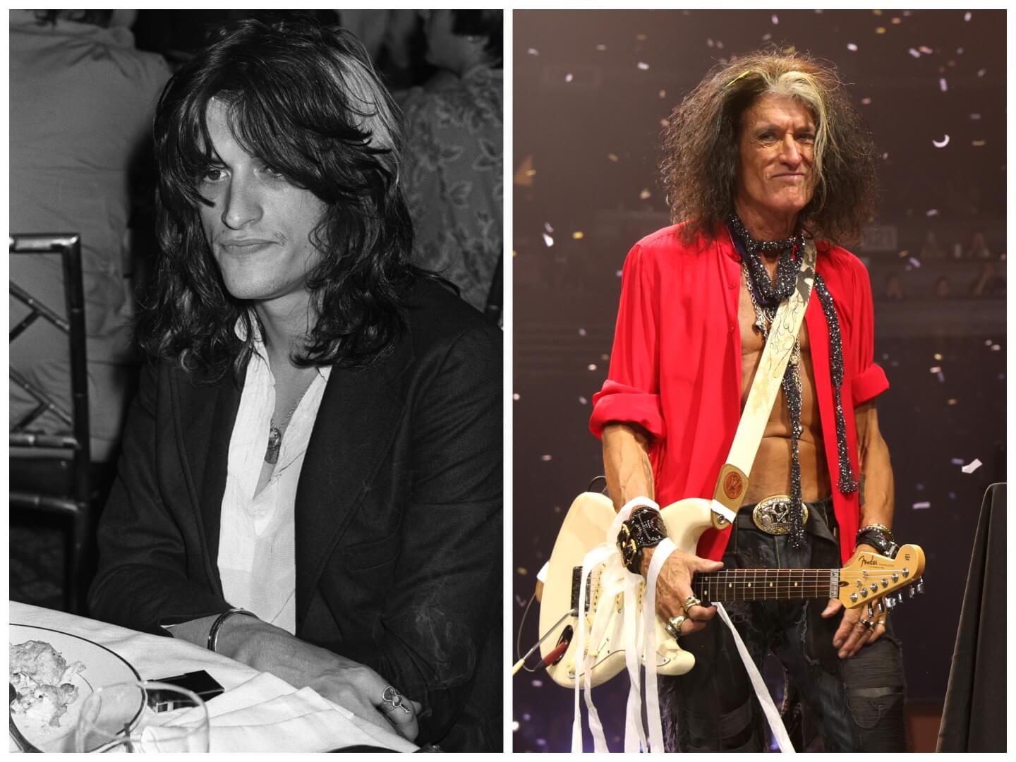 A black and white picture of Joe Perry sitting at a table in 1978. Joe Perry wears an open red shirt and stands with a guitar in 2023.