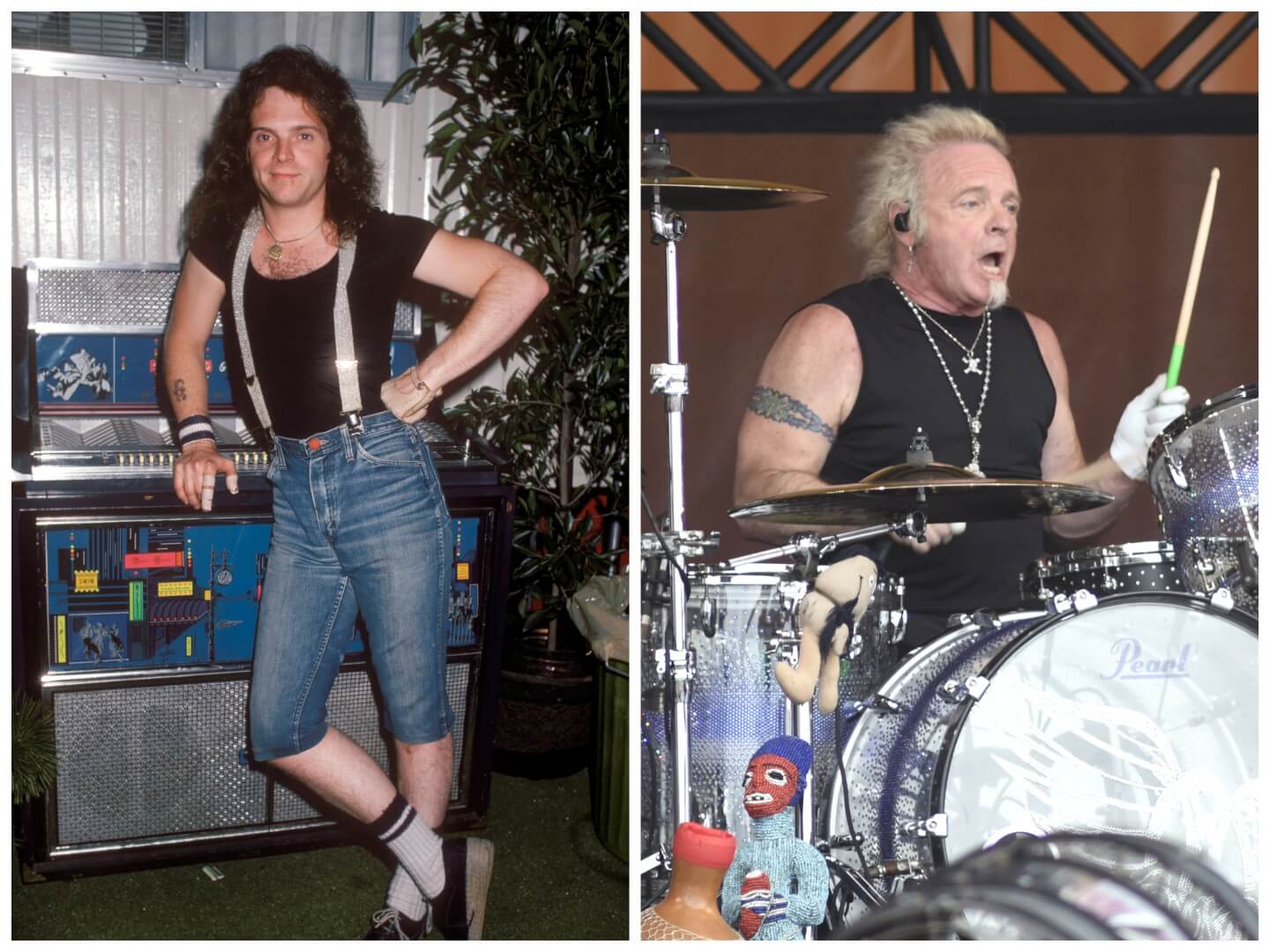 Joey Kramer wears denim shorts and suspenders and stands with his hand on his hip in 1976. Joey Kramer wears a black tank top and plays drums in 2018.