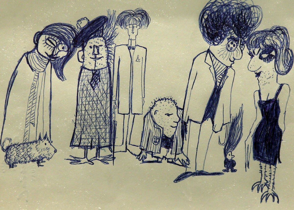 One of John Lennon's drawings, which depicts several people and a dog.