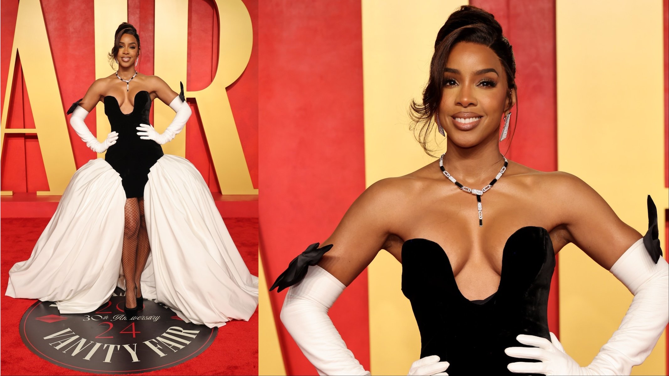 Singer Kelly Rowland wears a black and white gown and poses on the red carpet before the Vanity Fair Oscars party