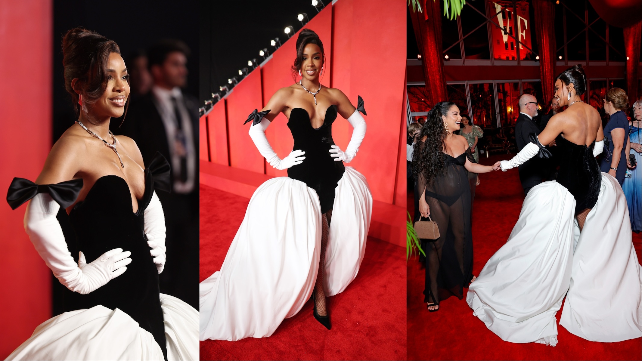 Singer Kelly Rowland wears a black and white gown and poses on the red carpet before the Vanity Fair Oscars party