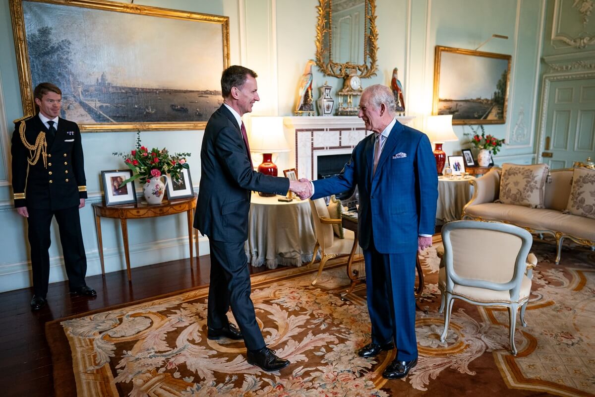 King Charles III meets with Chancellor of the Exchequer Jeremy Hunt in the private audience room at Buckingham Palace