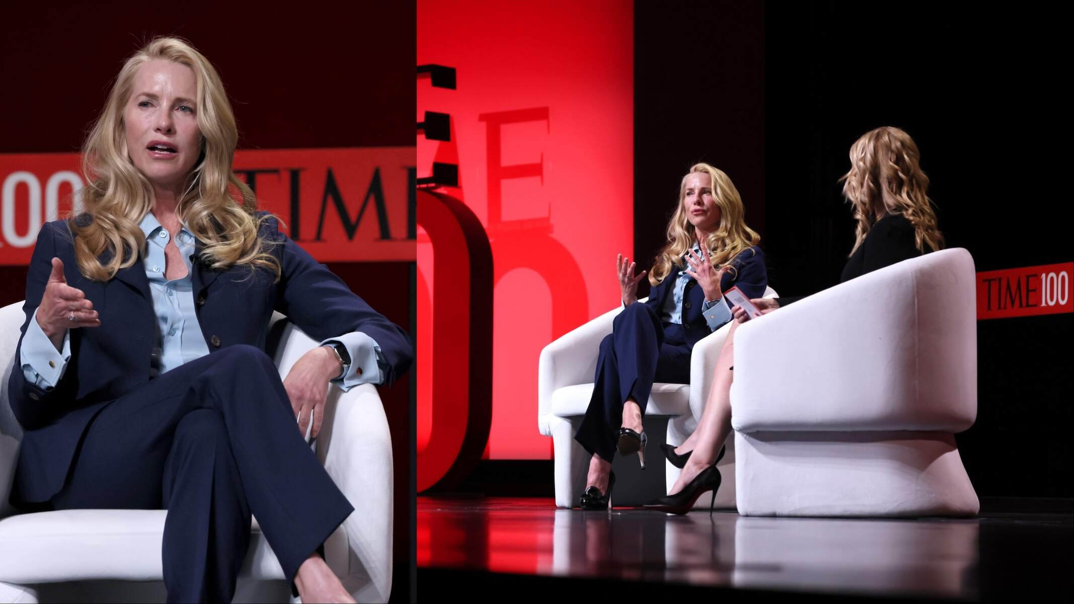 Wearing a navy suit, Laurene Powell Jobs speaks with Jess Sibley onstage at the 2023 TIME100 Summit