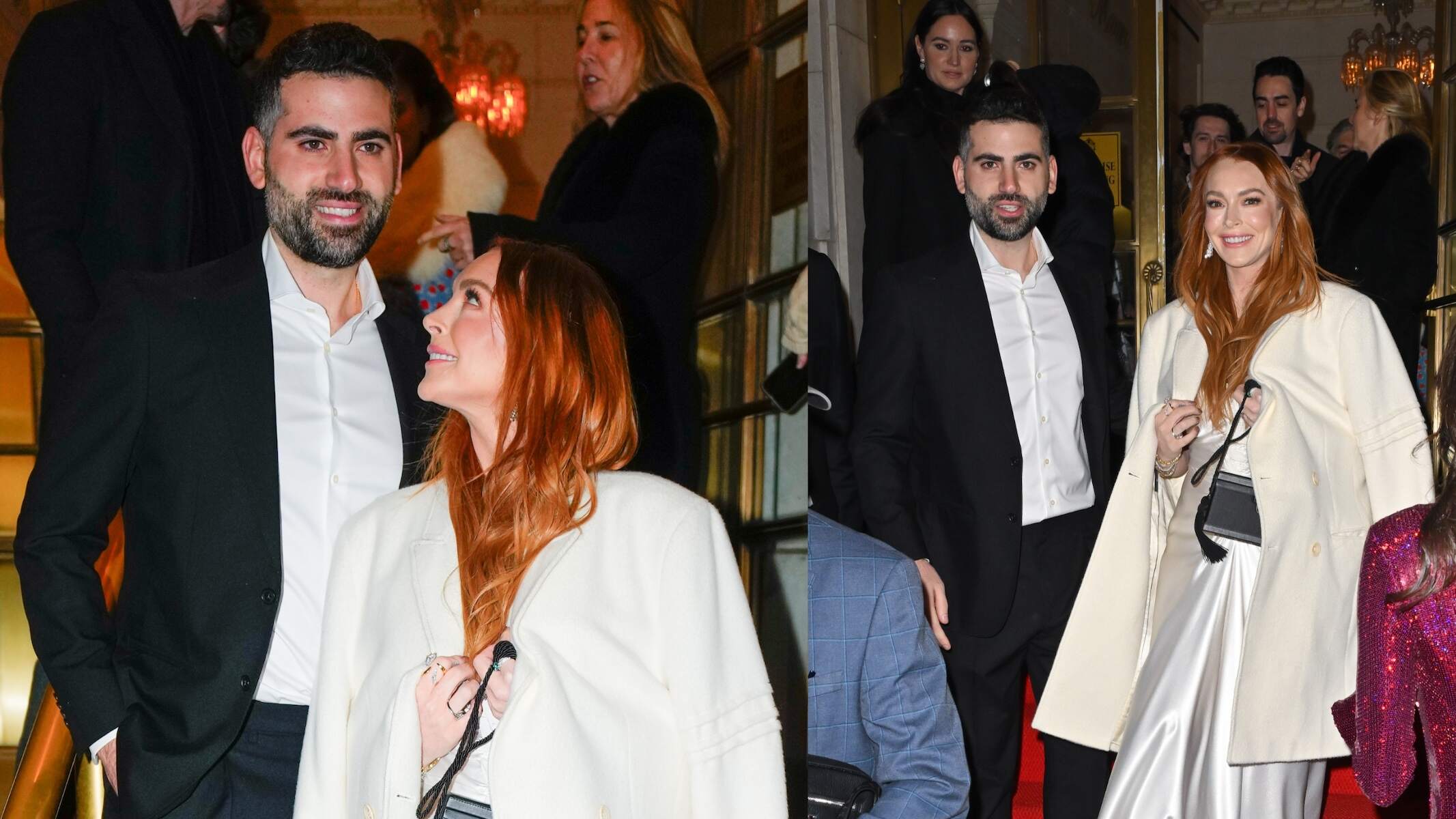 Actor Lindsay Lohan looks up at her husband while wearing a white dress before Netflix's "Irish Wish" screening