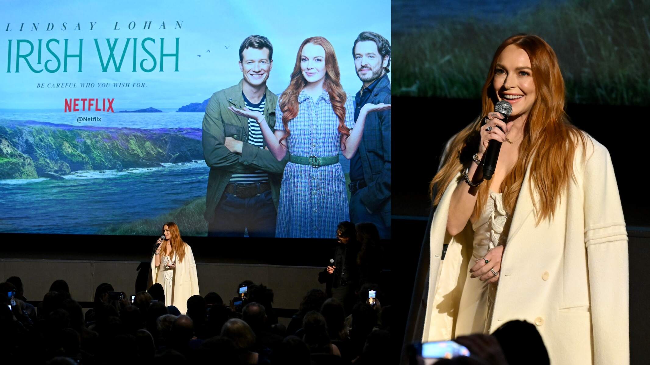 Actor Lindsay Lohan holds a microphone and speaks to the audience before Netflix's "Irish Wish" screening