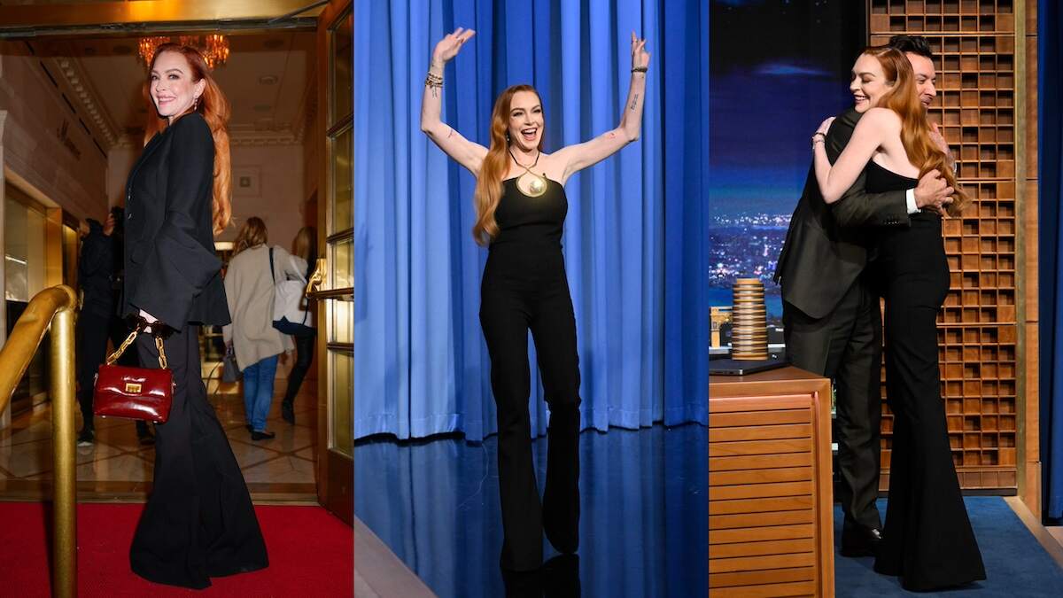 Actor Lindsay Lohan wears a black gown and greets viewers on Jimmy Fallon's late night show