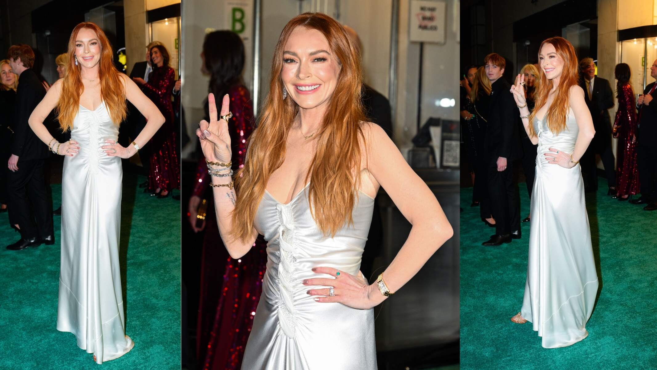 Actor Lindsay Lohan flashes a peace sign to photographers before Netflix's "Irish Wish" screening