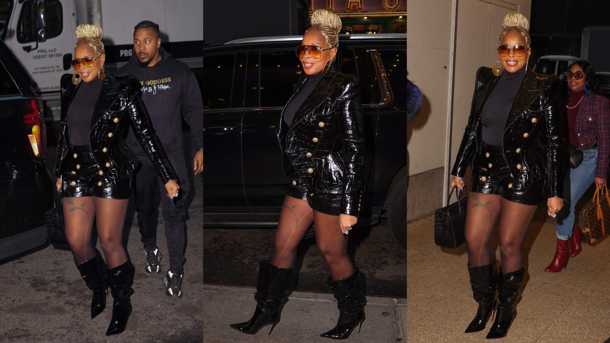 Singer Mary J. Blige arrives at CBS studios in NYC wearing a patent leather jacket and shorts