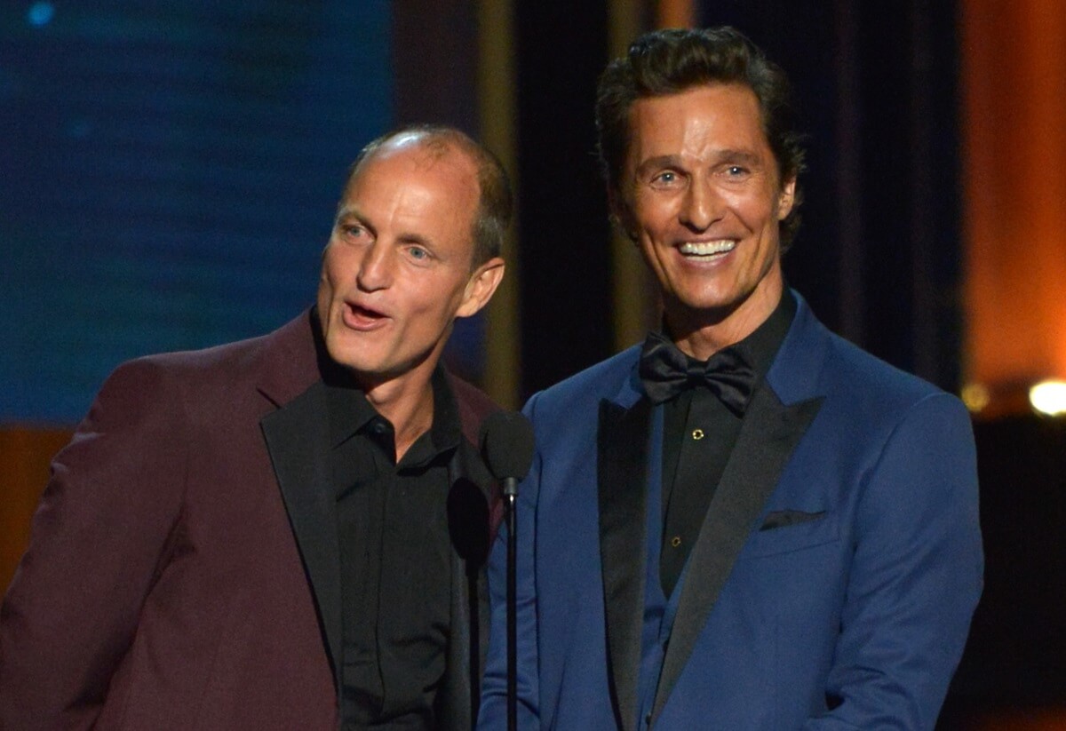 Woody Harrelson posing next to Matthew McConaughey at the 66th Annual Primetime Emmy Awards.