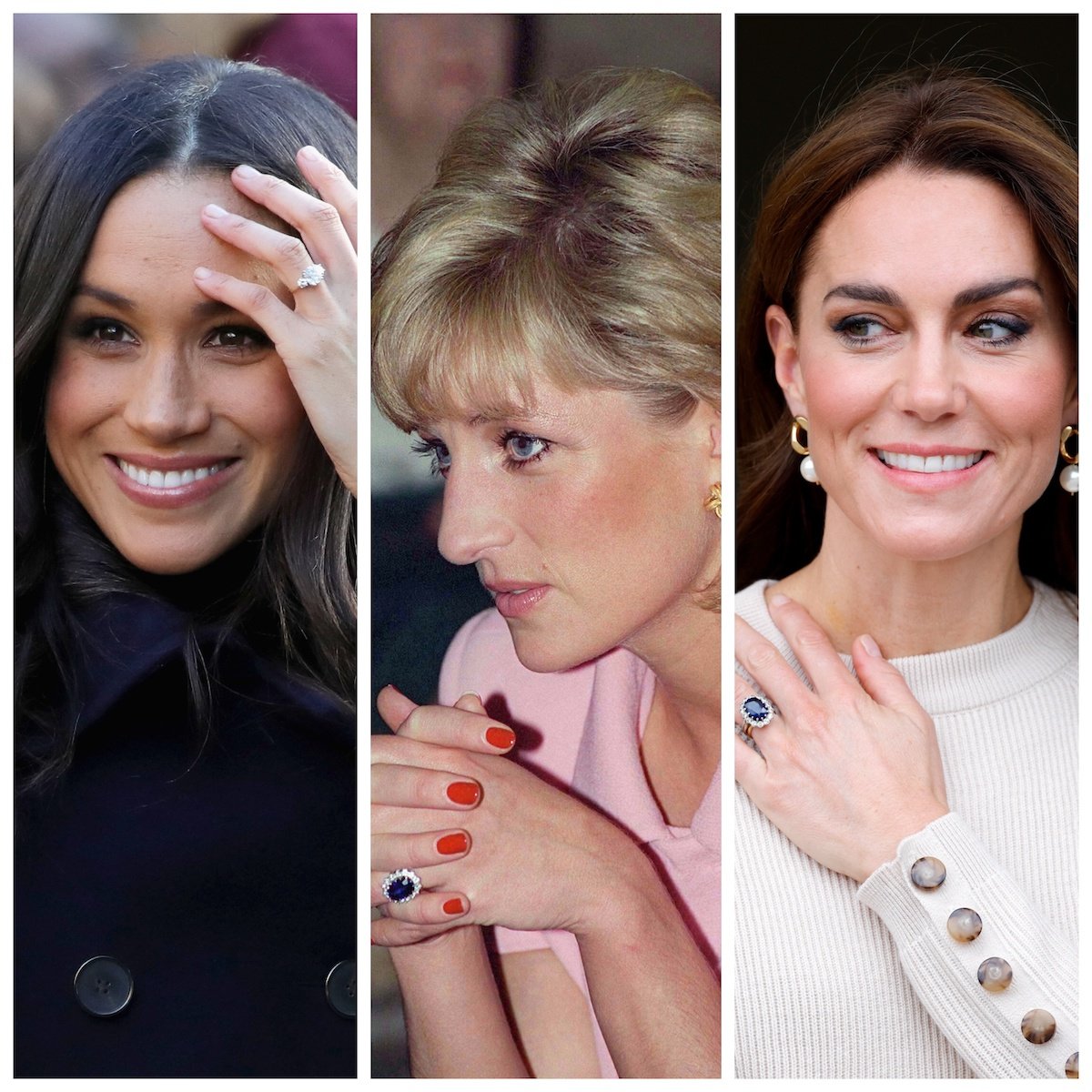 Meghan Markle, who, per a study, had most 'iconic' royal engagement ring of 2023, in a composite image alongside Princess Diana and Kate Middleton