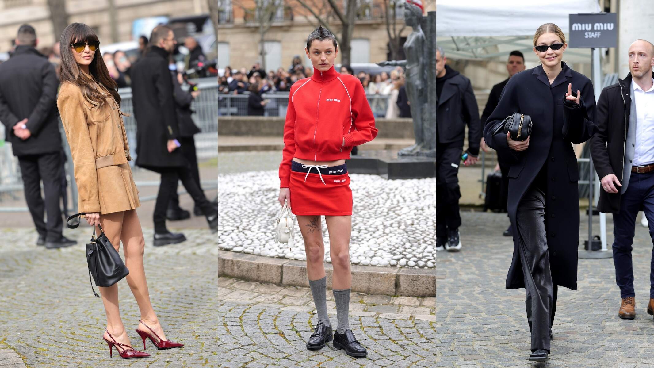 Actors Nina Dobrev and Emma Corrin, and model Gigi Hadid enter the Miu Miu Womenswear Fall/Winter 2024-25 show wearing their best Miu Miu outfits