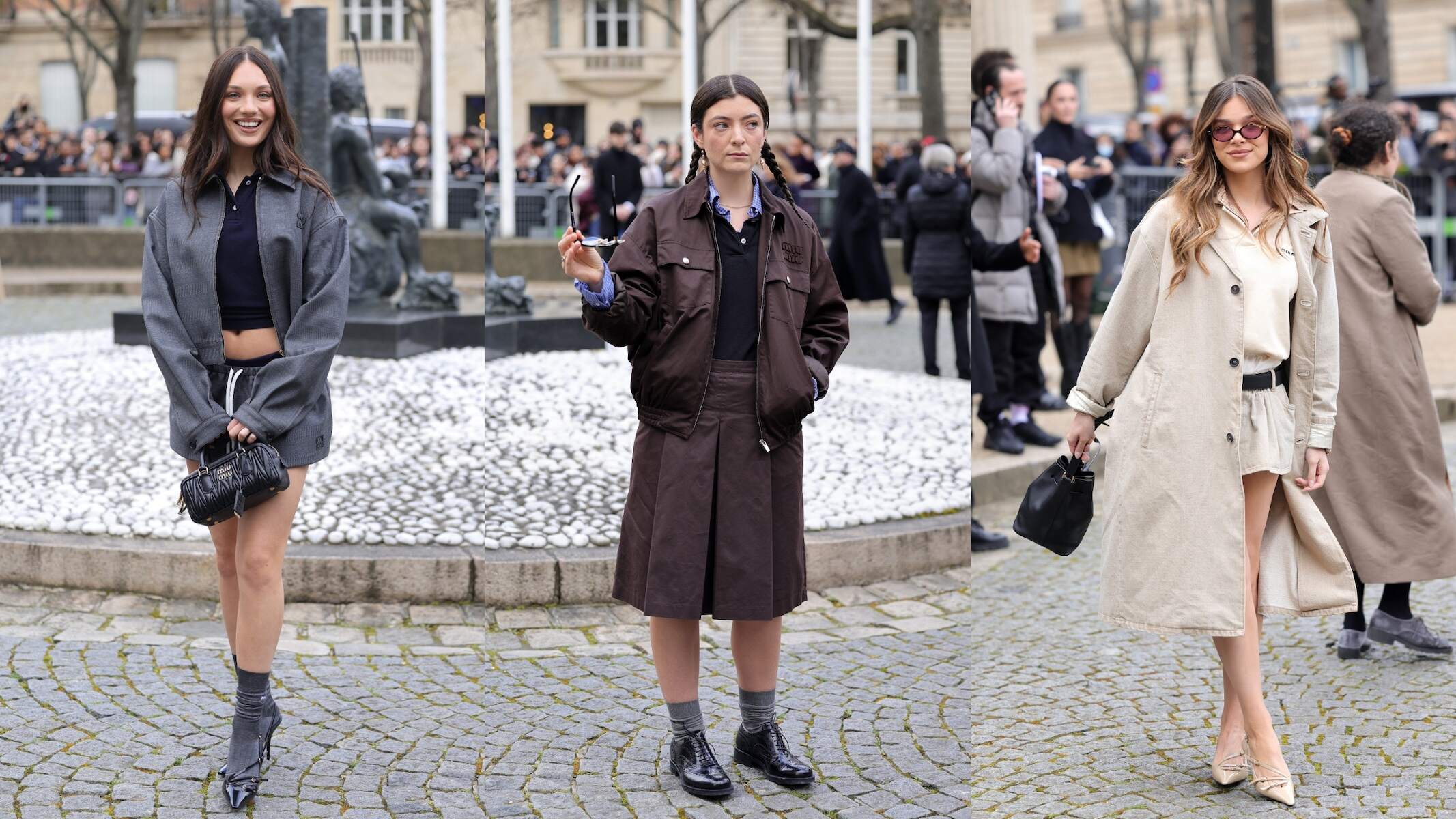 Hailee Steinfeld, Lorde, and Maddie Ziegler enter the Miu Miu Womenswear Fall/Winter 2024-25 show wearing their best Miu Miu outfits