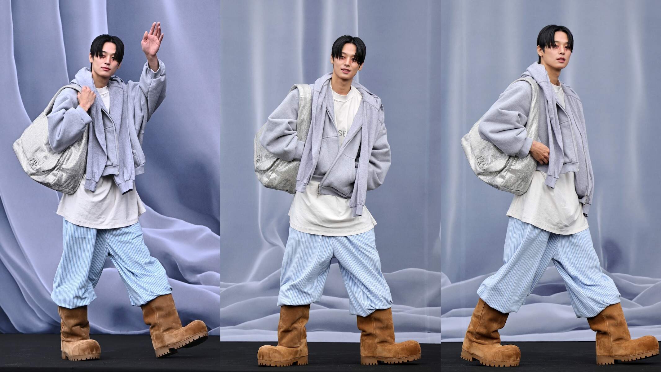 Korean singer Juyeon wears giant boots to Paris Fashion Week 2024