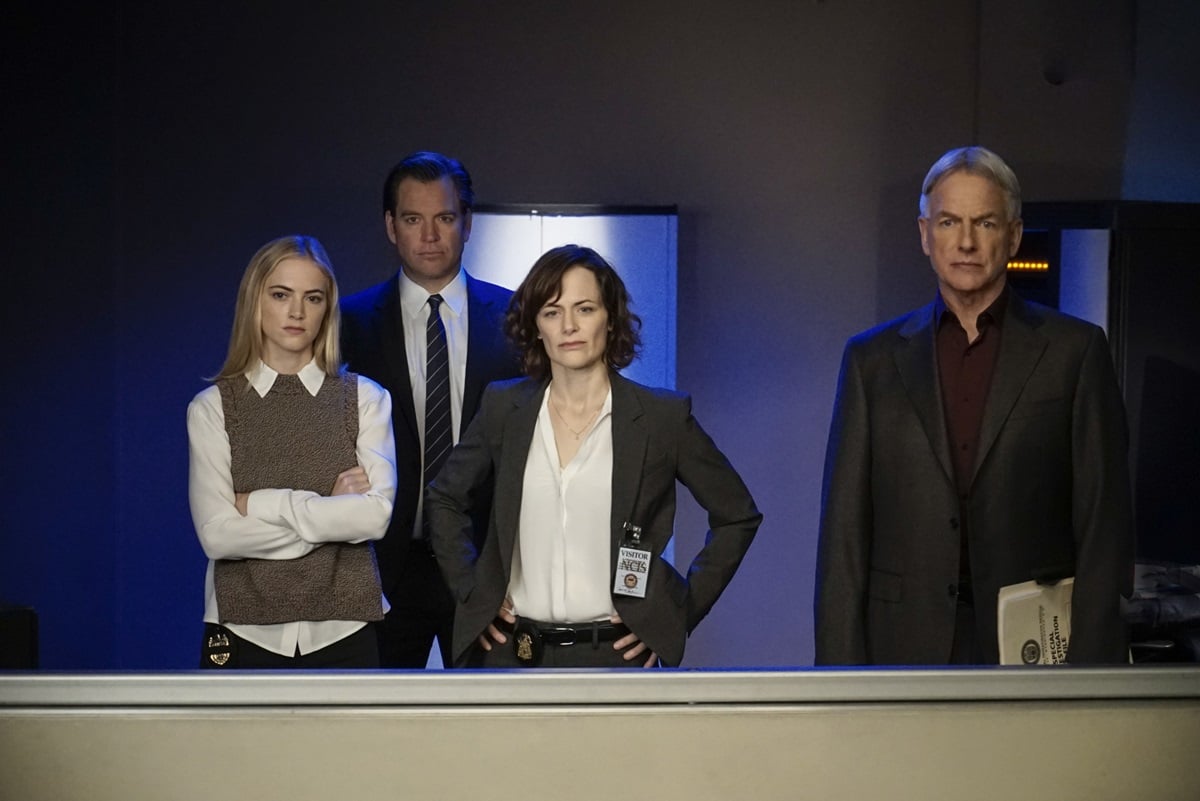 'NCIS' cast Michael Weatherly as Tony DiNozzo, Emily Wickersham as Eleanor Bishop, Mark Harmon as Leroy Gibbs, and guest star Sarah Clarke as Tess Monrie