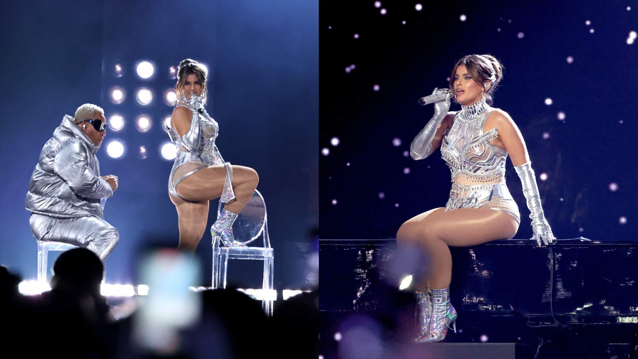 Wearing a silver bodysuit, Nelly Furtado sings onstage during the 2024 JUNO Awards