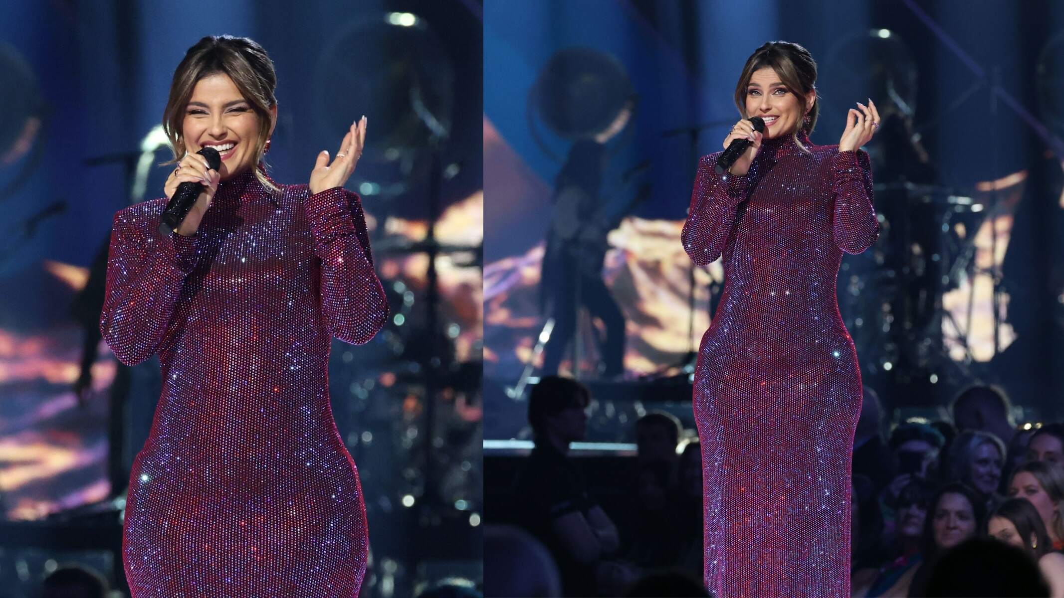 Wearing a purple gown, Nelly Furtado speaks onstage during the 2024 JUNO Awards