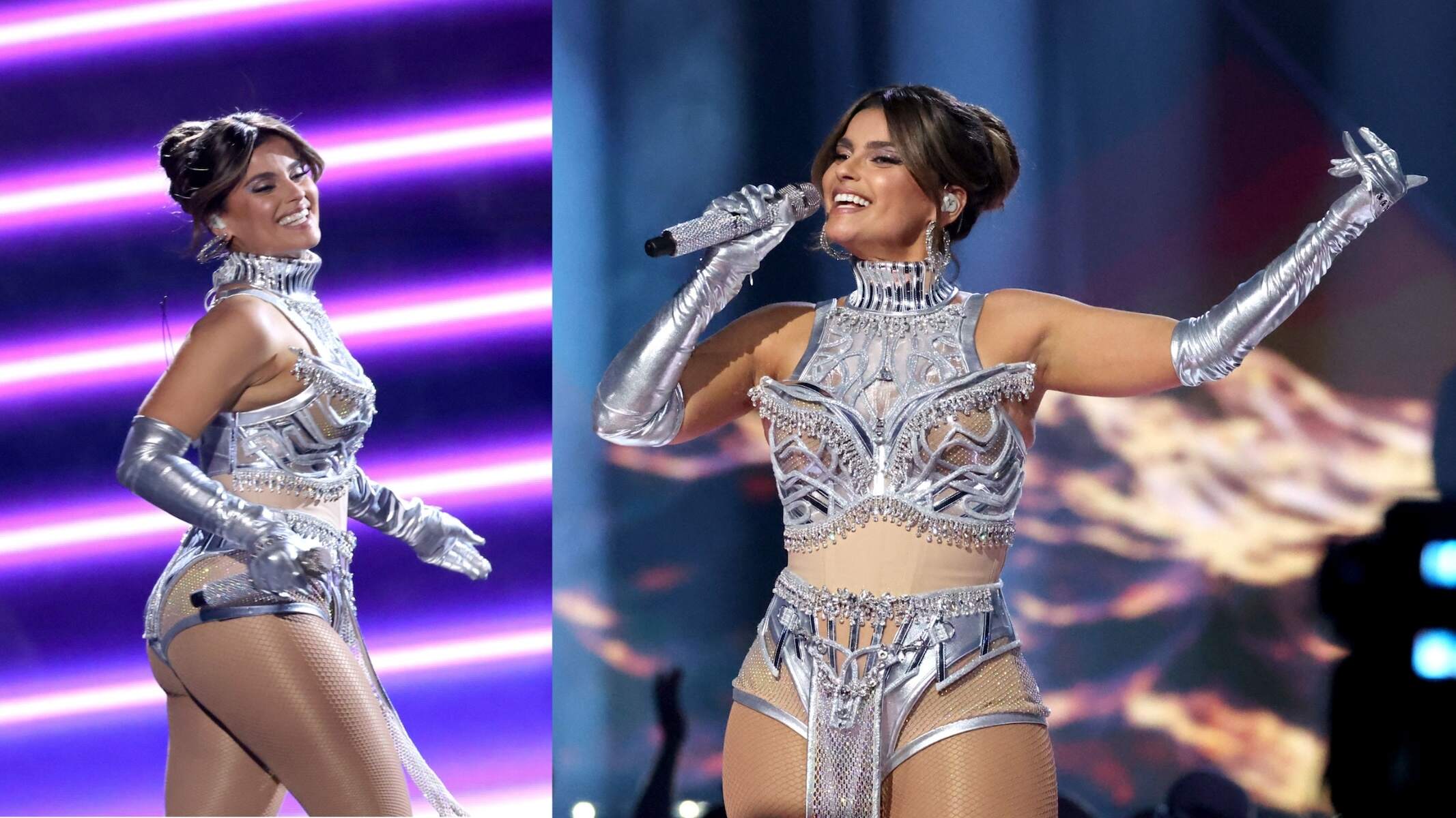 Wearing a silver bodysuit, Nelly Furtado sings onstage during the 2024 JUNO Awards