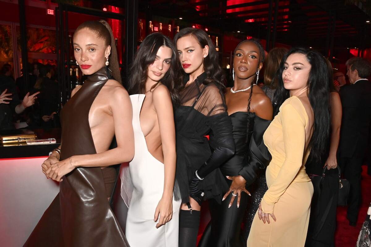 Celebrities Adwoa Aboah, Emily Ratajkowski, Irina Shayk, Ziwe Fumudoh, and Charli XCX pose together at the 2024 Vanity Fair Oscar After-Party