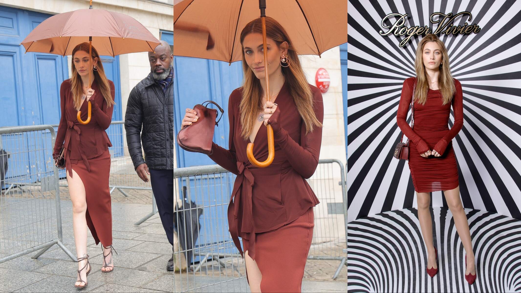 Model Paris Jackson wears a red coat and dress and walks down a Paris street