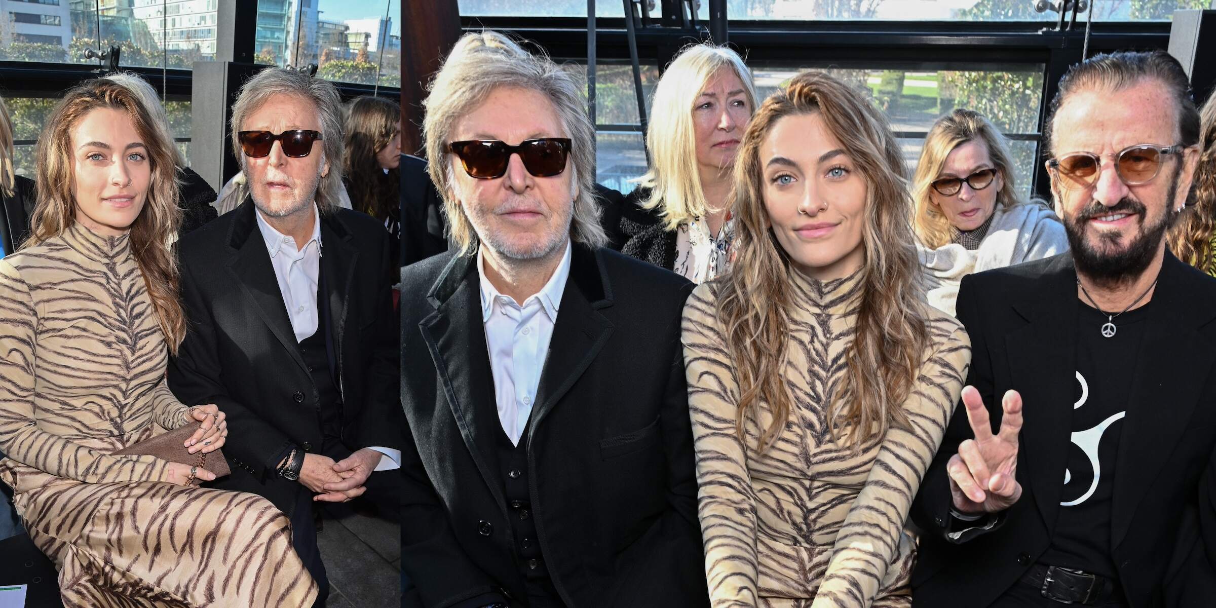 Paris Fashion Show attendees Sir Paul McCartney, Paris Michael Katherine Jackson, and Sir Ringo Starr sit front row together