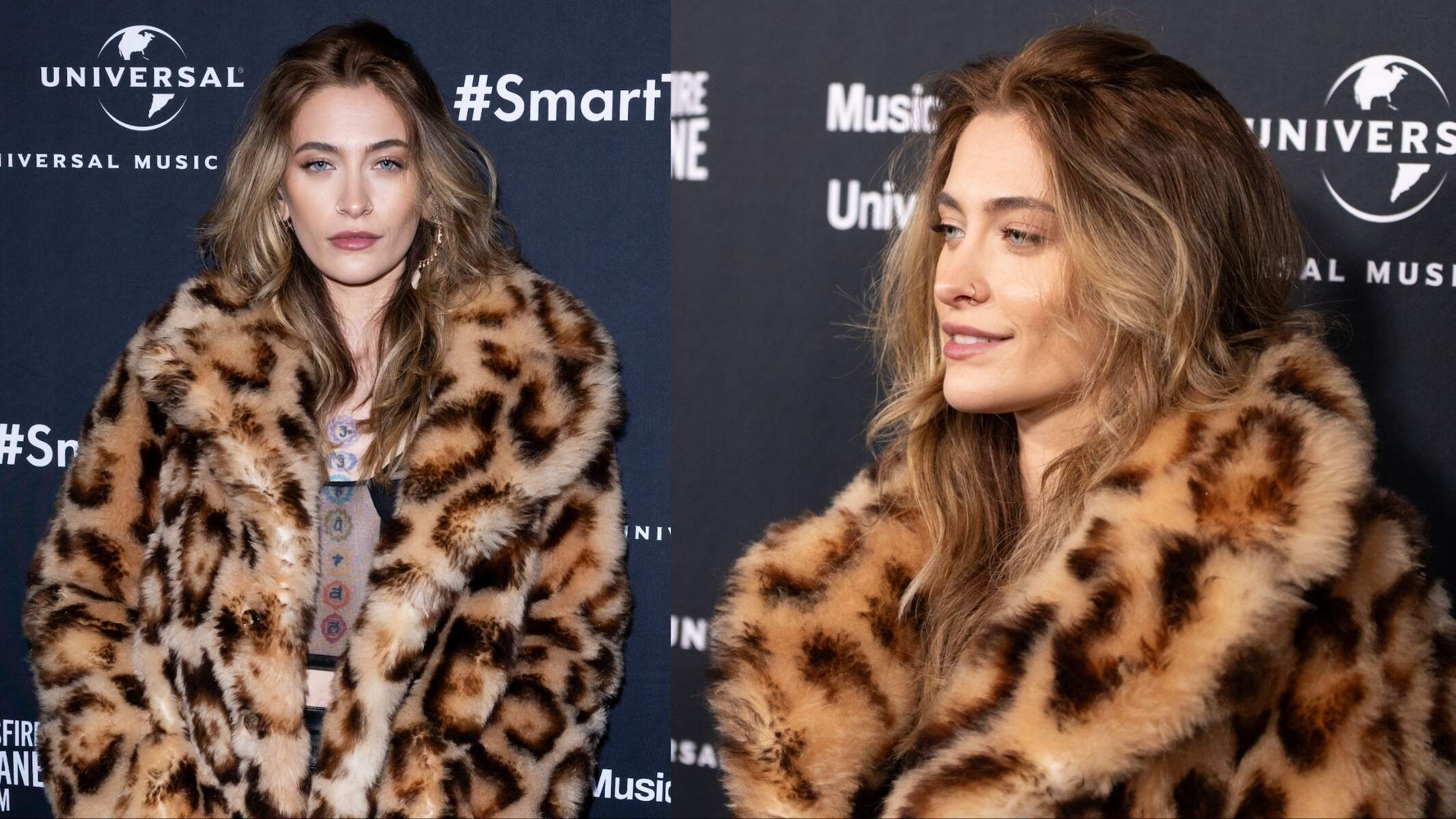 Model Paris Jackson wears a fluffy leopard print coat to a Grammy after-party