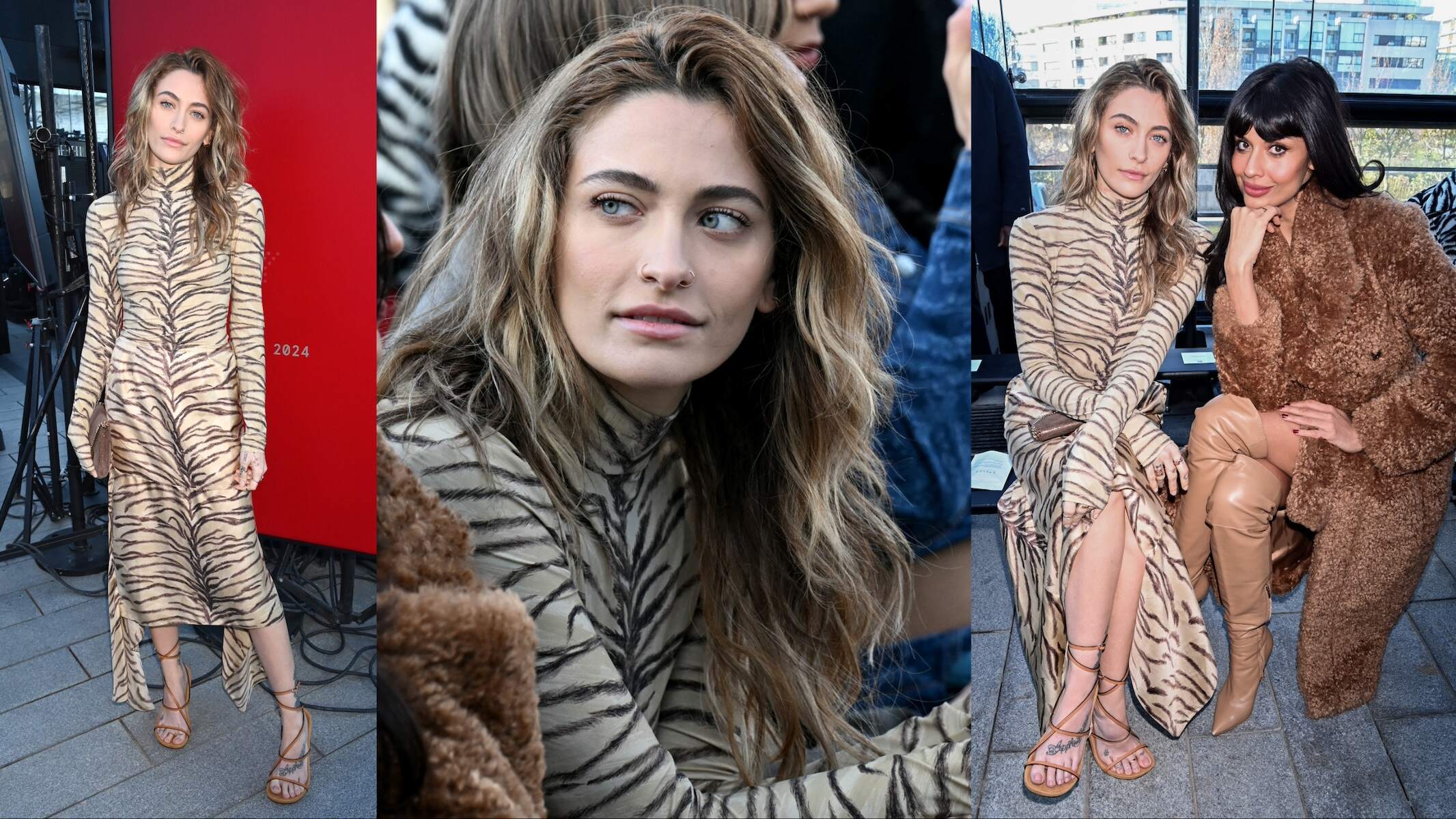 Celebs Paris Jackson and Jameela Jamil sit together front row at the Stella McCartney Winter 2024 show during Paris Fashion Week