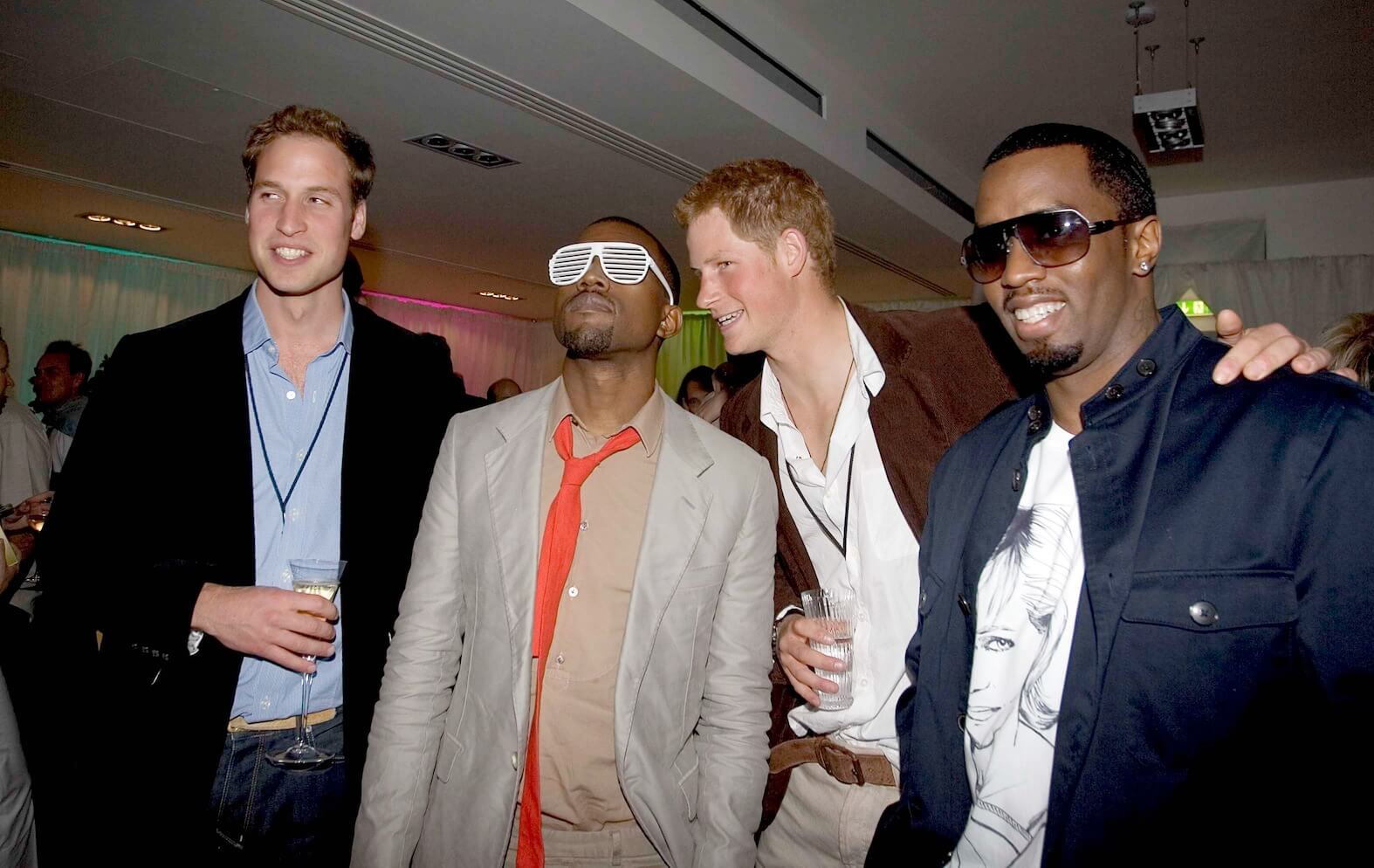 Prince William, Kanye West, Prince Harry, and Sean 'P. Diddy' Combs laughing together in 2007