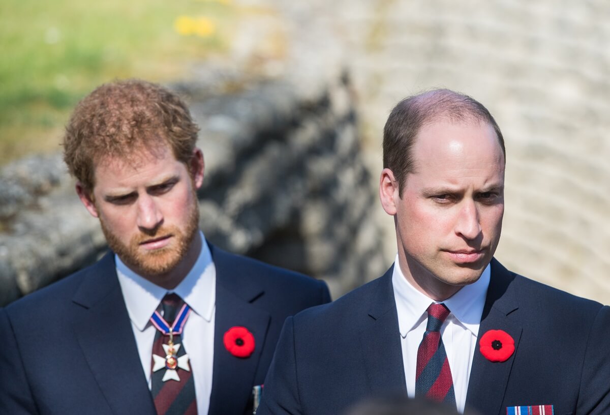 Prince William and Prince Harry walk through a trench during the commemorations for the 100th anniversary of the battle of Vimy Ridge in France