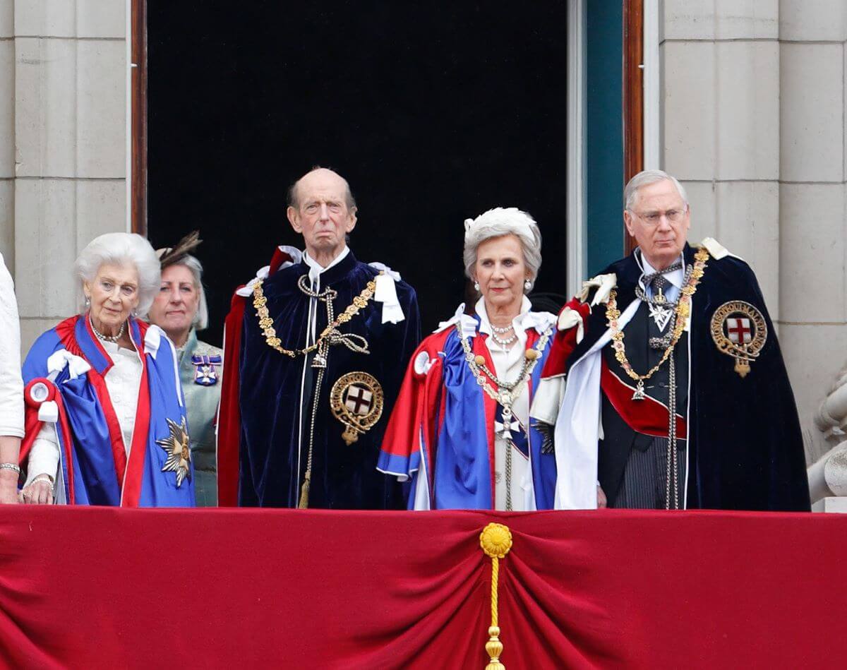 Princess Alexandra, Prince Edward, Duke of Kent, Birgitte, Duchess of Gloucester and Prince Richard, Duke of Gloucester watch an RAF flypast from the balcony of Buckingham Palace