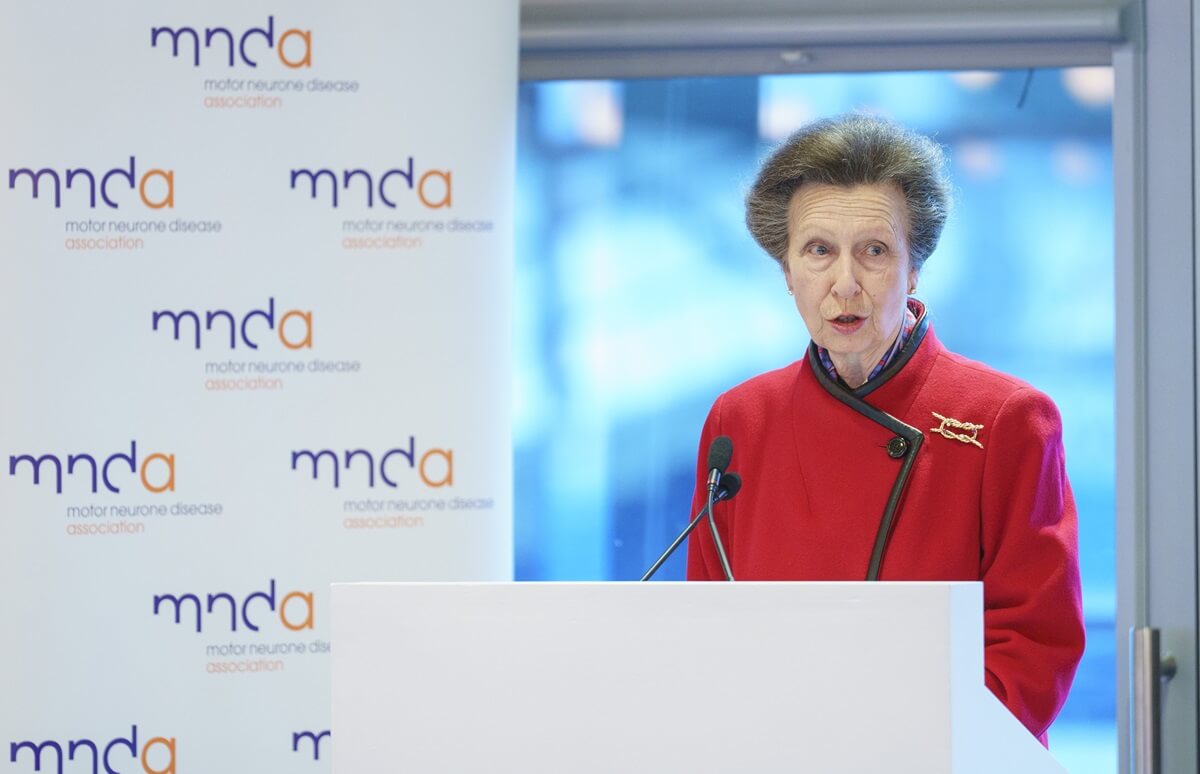 Princess Anne speaks onstage during a Rugby League Reception to thank the community for their work raising money for Motor Neuron Disease Association a in Leeds, England