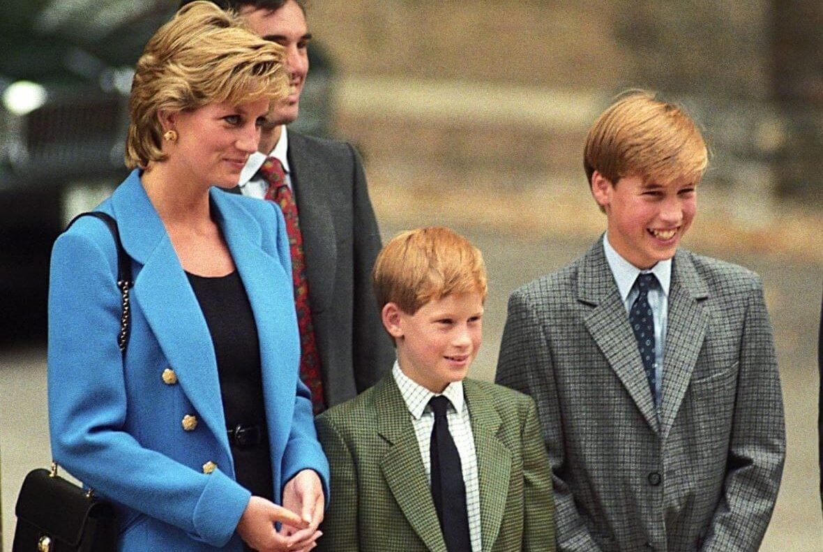 Princess Diana and Prince Harry with Prince William for his first day at Eton