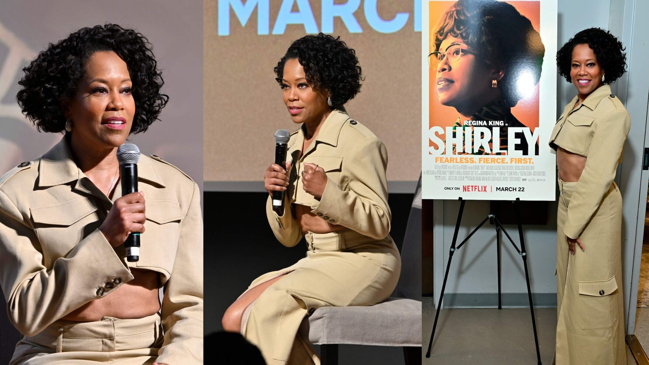 Wearing a khaki two-piece outfit, Regina King speaks onstage during the Shirley Advance movie Screening