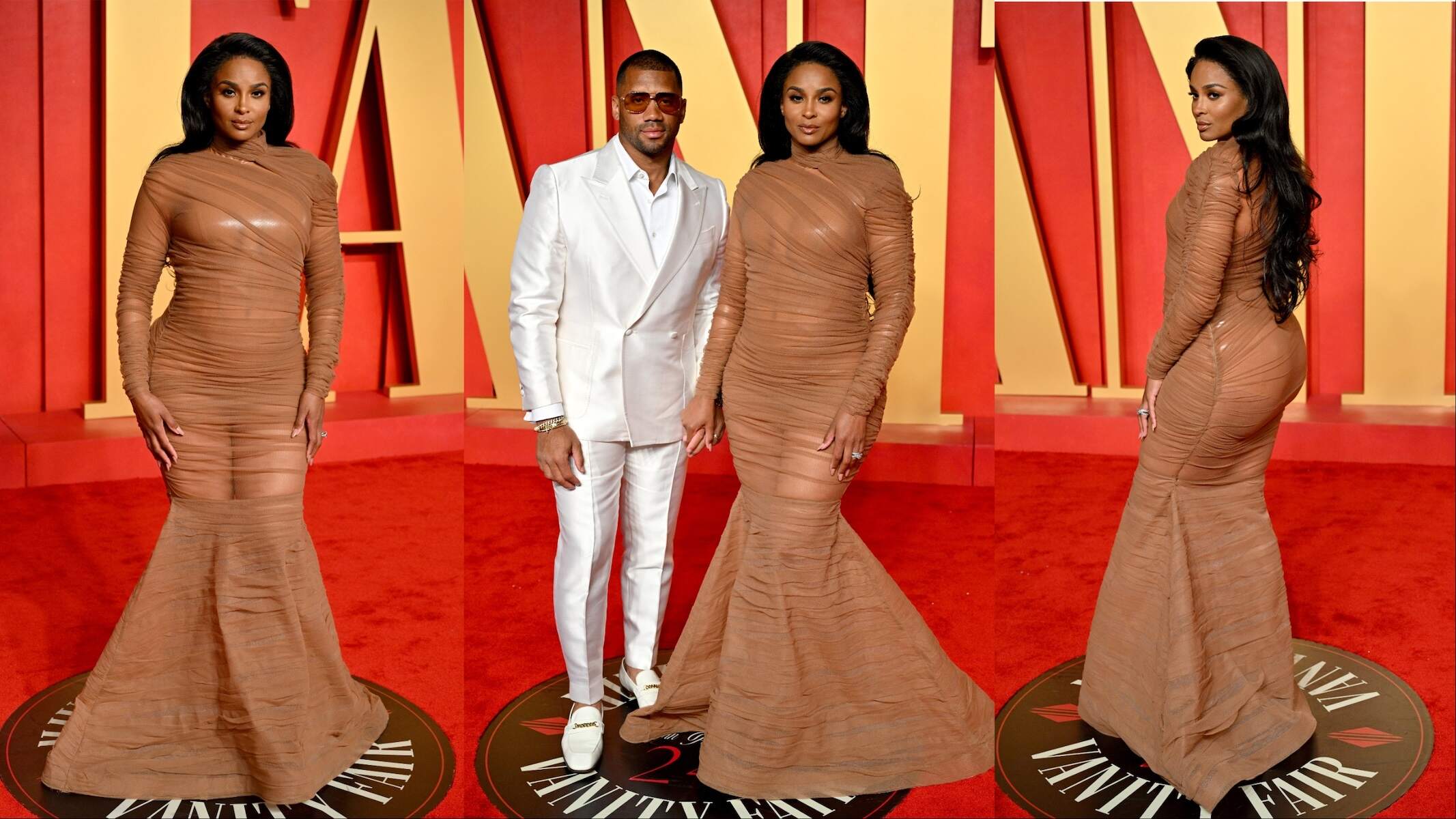 Married couple Russell Wilson and Ciara pose for photos at the 2024 Vanity Fair Oscar Party three months after the birth of their fourth child