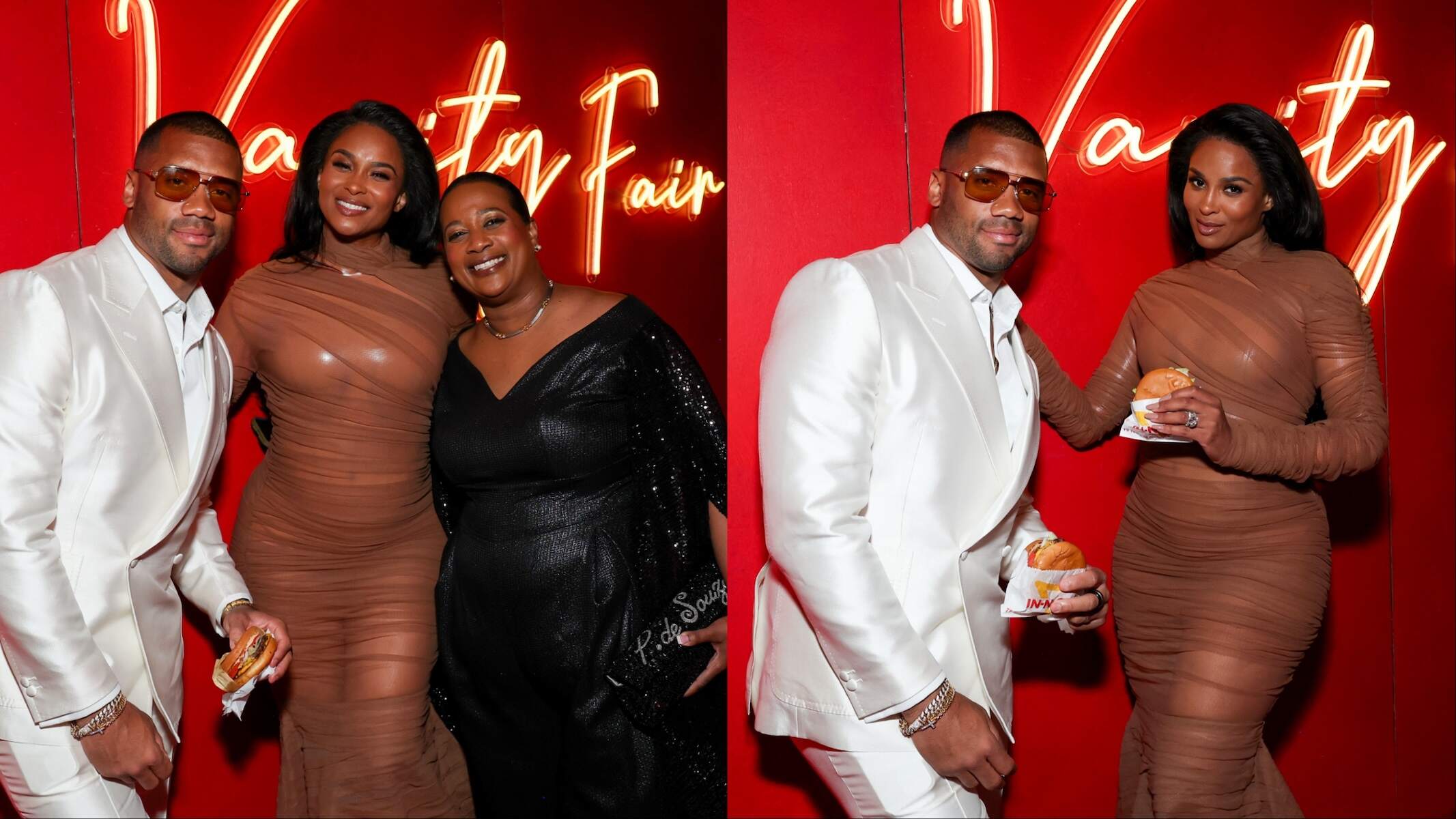 Married couple Russell Wilson and Ciara pose for photos at the 2024 Vanity Fair Oscar Party three months after the birth of their fourth child