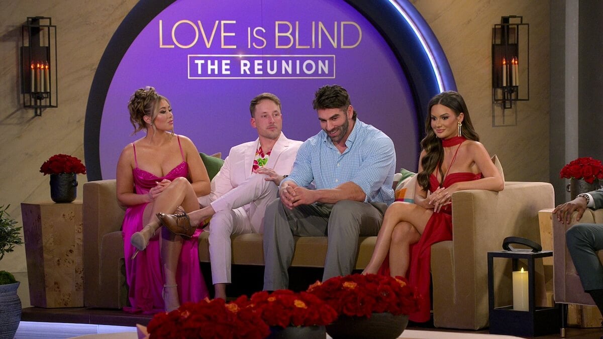 Sarah Ann, Jimmy, Trevor, and Jess sitting on the couch at the Love Is Blind Season 6 reunion