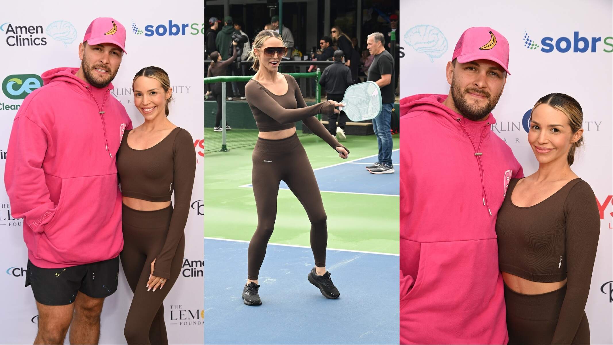 Wearing a brown matching set, Scheana Shay plays pickleball at a charity tournament and poses with husband Brock Davies