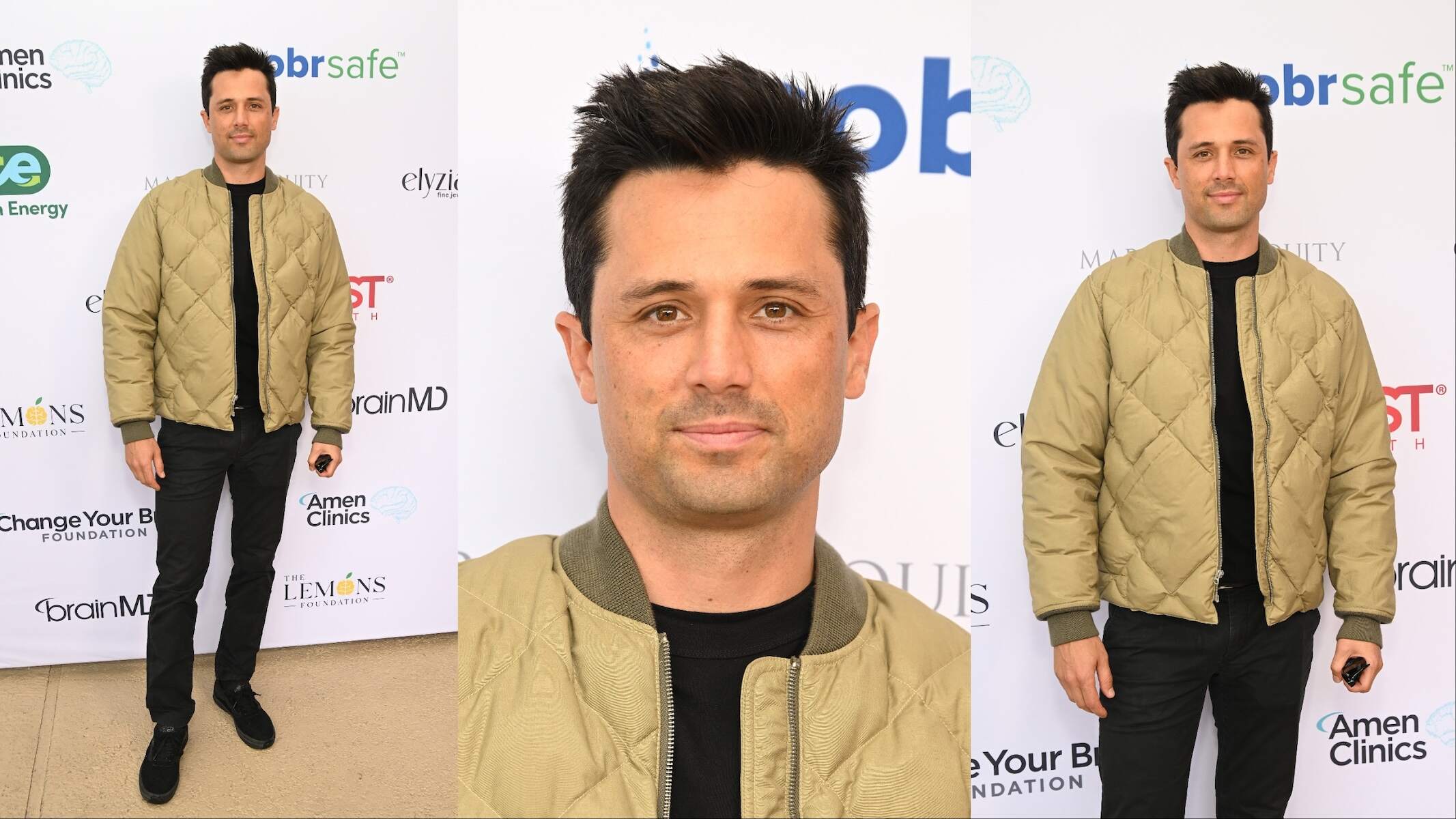 Wearing an olive quilted jacket and black pants, Stephen Colletti poses for photos at the charity pickleball tournament