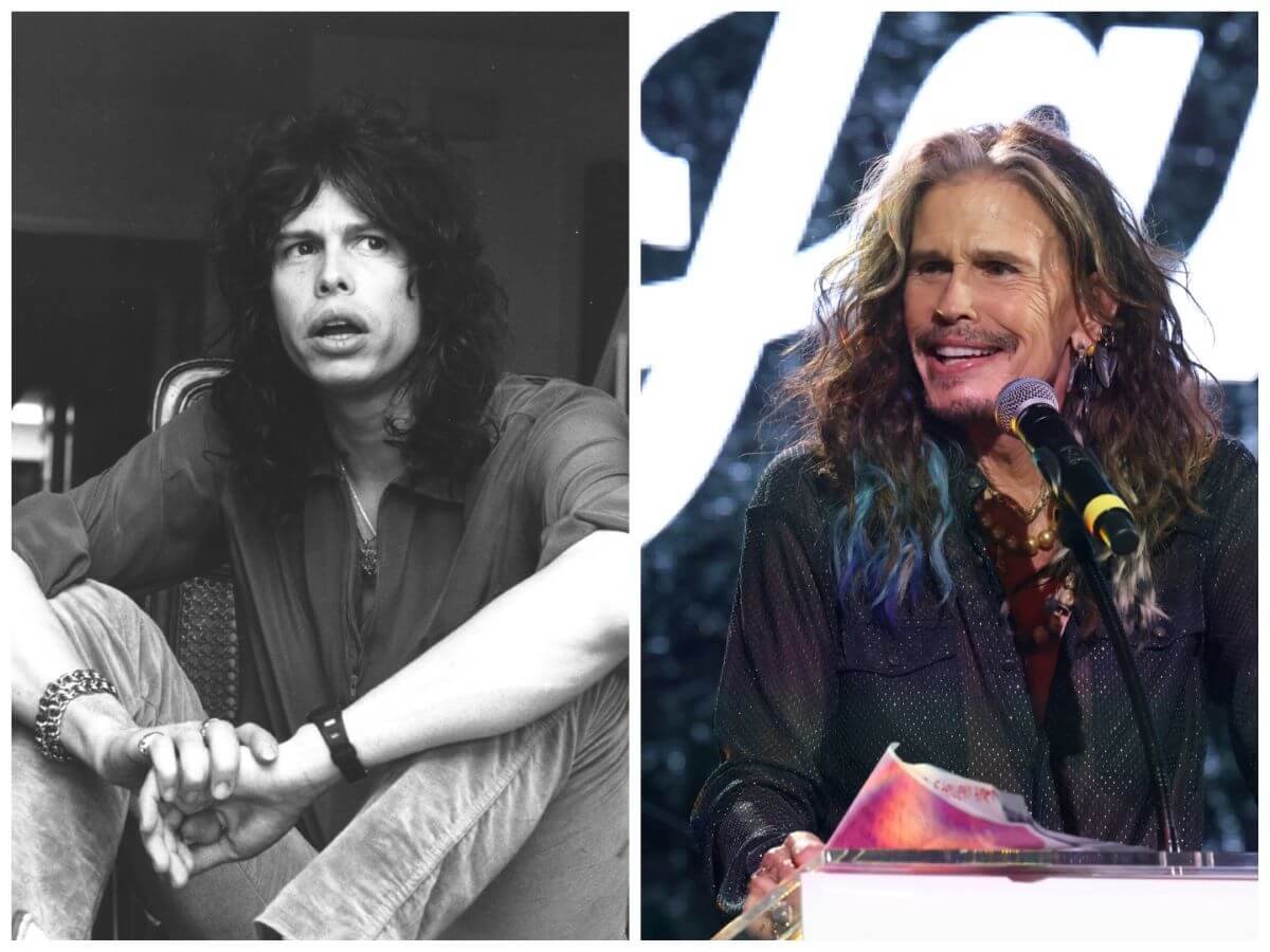 A black and white picture of Steven Tyler sitting with his arms resting on his knees in 1979. A picture of Steven Tyler standing behind a podium in 2024.