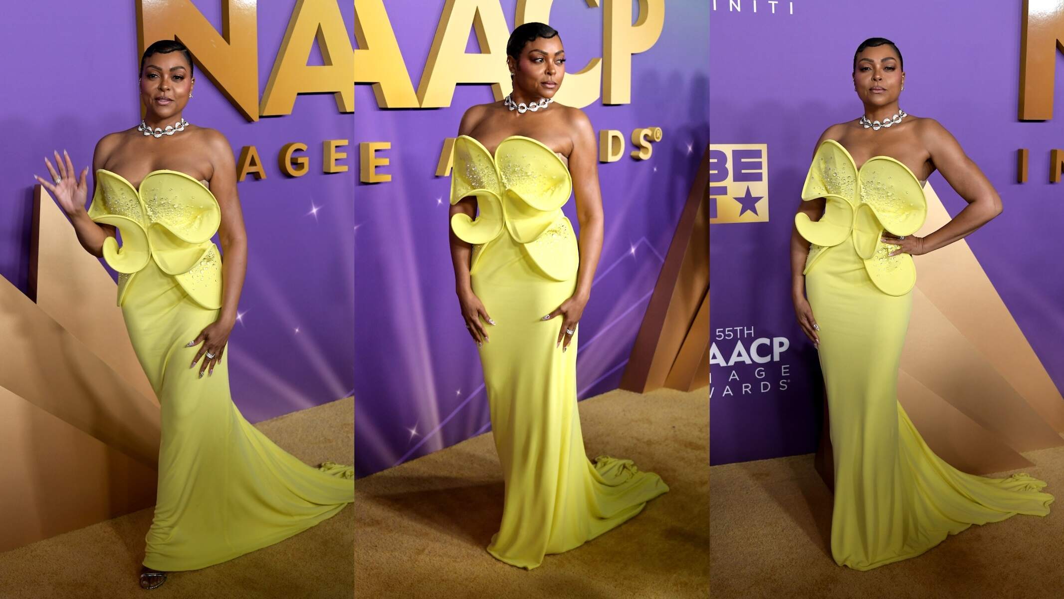 Actor Taraji P. Henson wears a yellow gown on the red carpet at the 55th Annual NAACP Awards