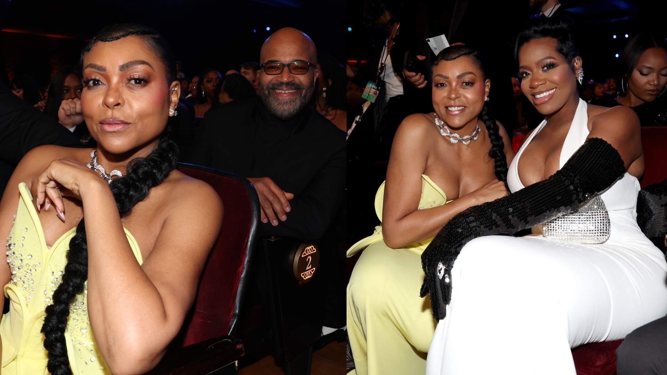 Actors Taraji P. Henson and Fantasia Barrino sit in their seats at the 55th NAACP Image Awards