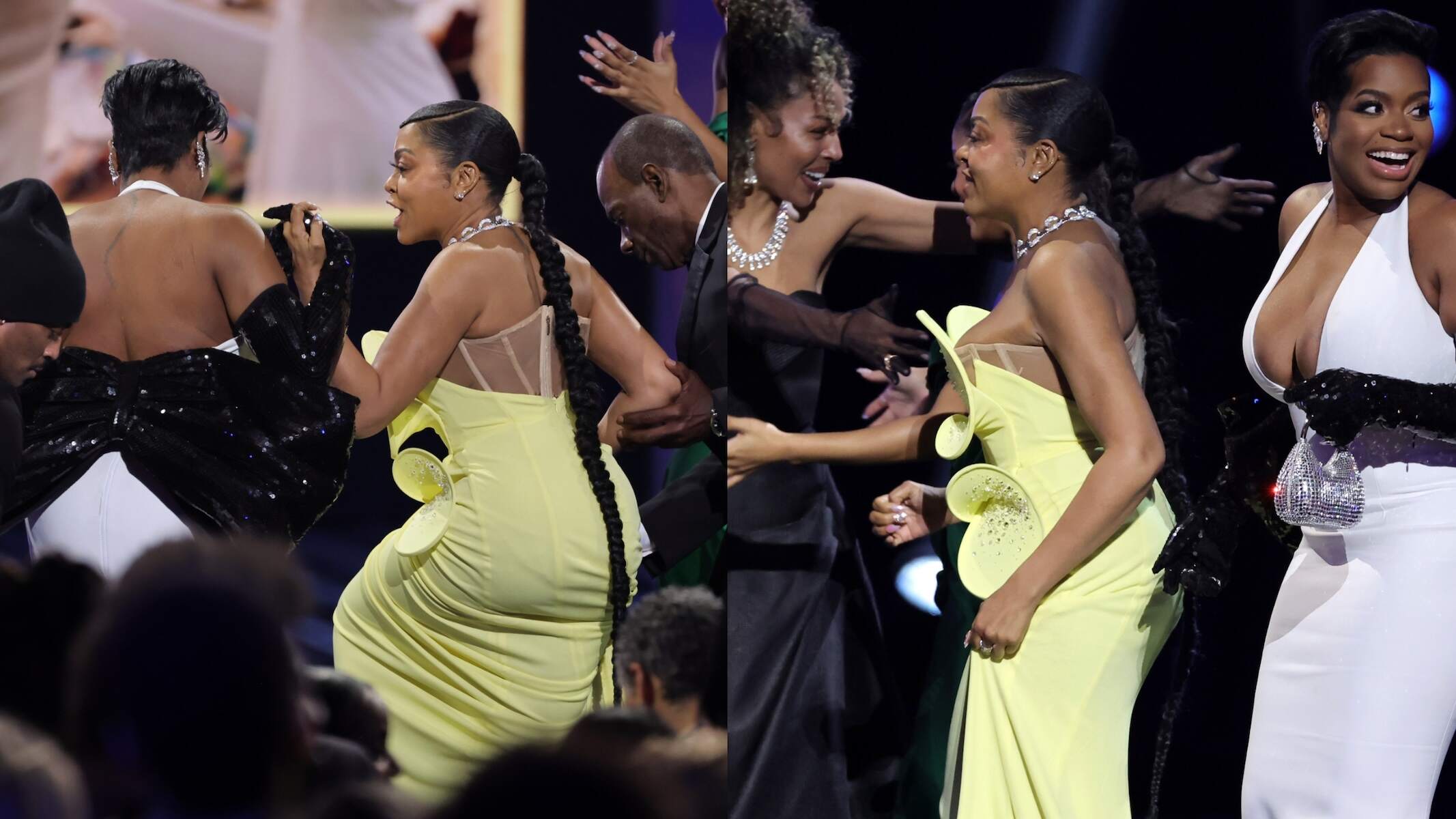Actors Taraji P. Henson and Fantasia Barrino accept the Outstanding Motion Picture award for "The Color Purple" onstage during the 55th Annual NAACP Awards