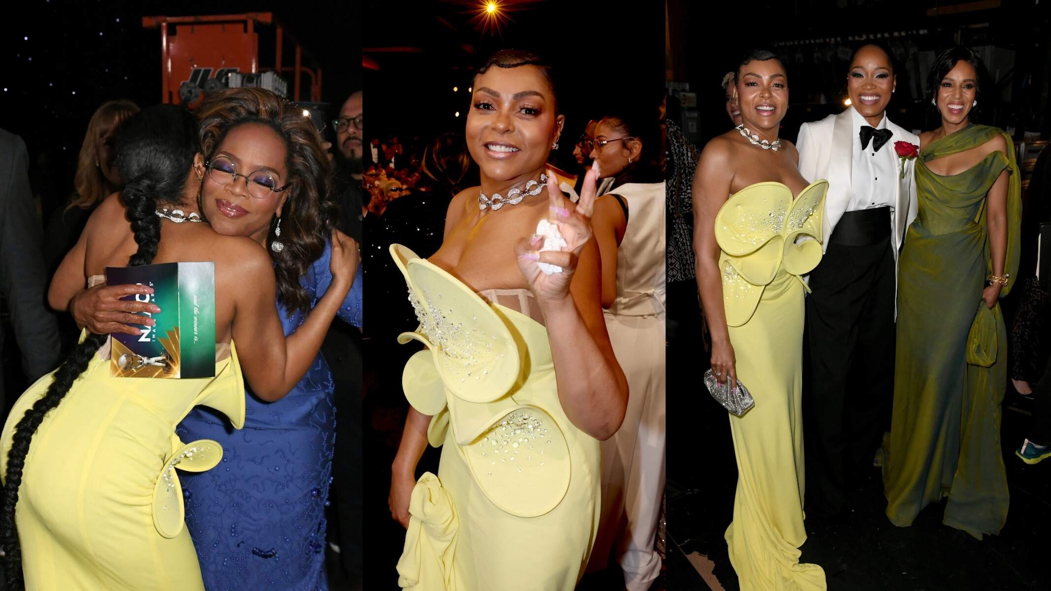 Celebrities Taraji P. Henson, Oprah Winfrey, Keke Palmer, and Kerry Washington smile together behind the scenes at the 55th NAACP Image Awards