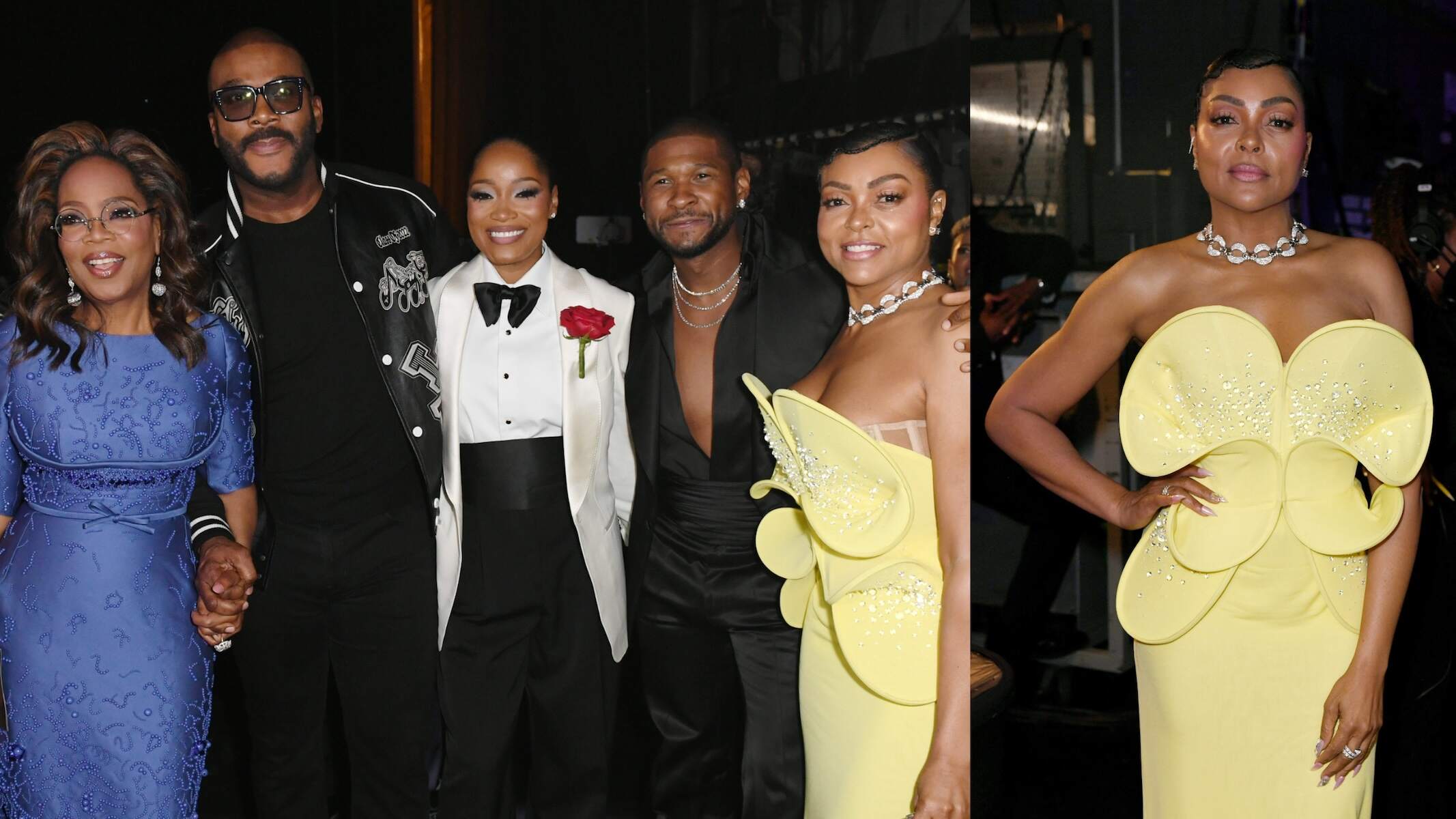 Celebrities Oprah Winfrey, Tyler Perry, Keke Palmer, Usher, and Taraji P. Henson pose together behind the scenes at the 55th NAACP Image Awards