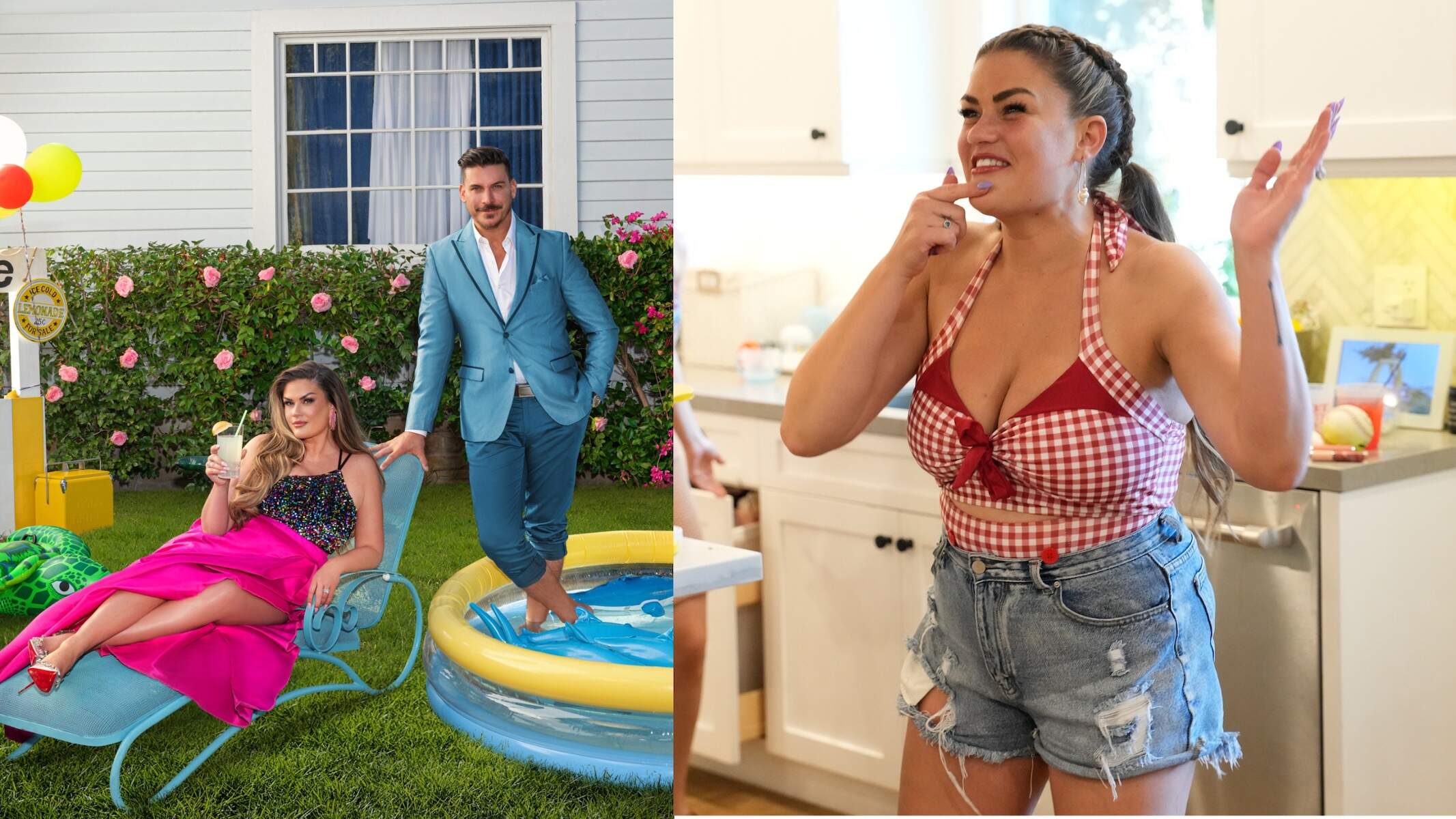 Brittany Cartwright and Jax Taylor pose for The Valley photos wearing a pink dress and blue suit