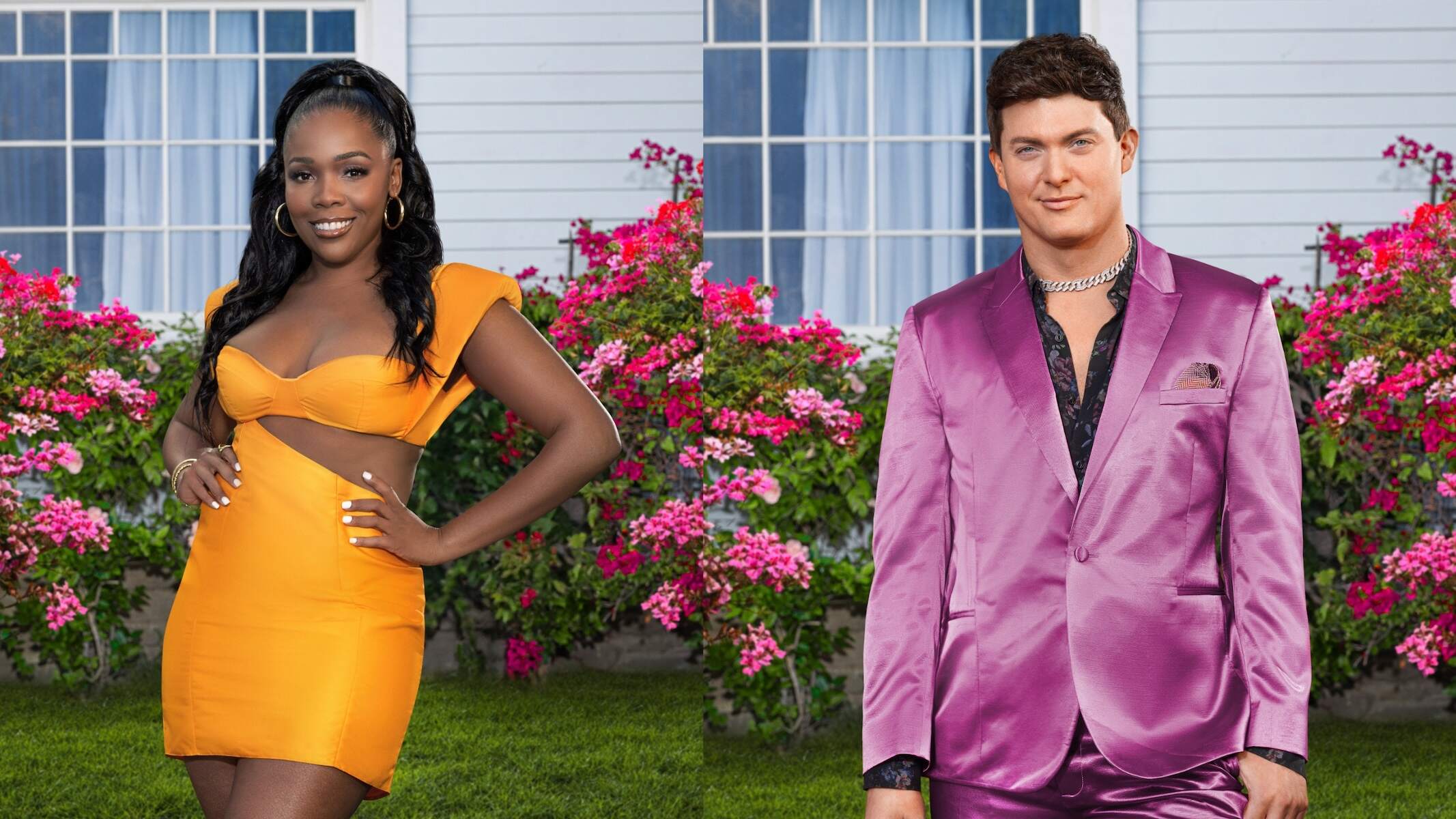 Cast members of The Valley, Jasmine Goode and Zack Wickham, wear a yellow dress and purple suit