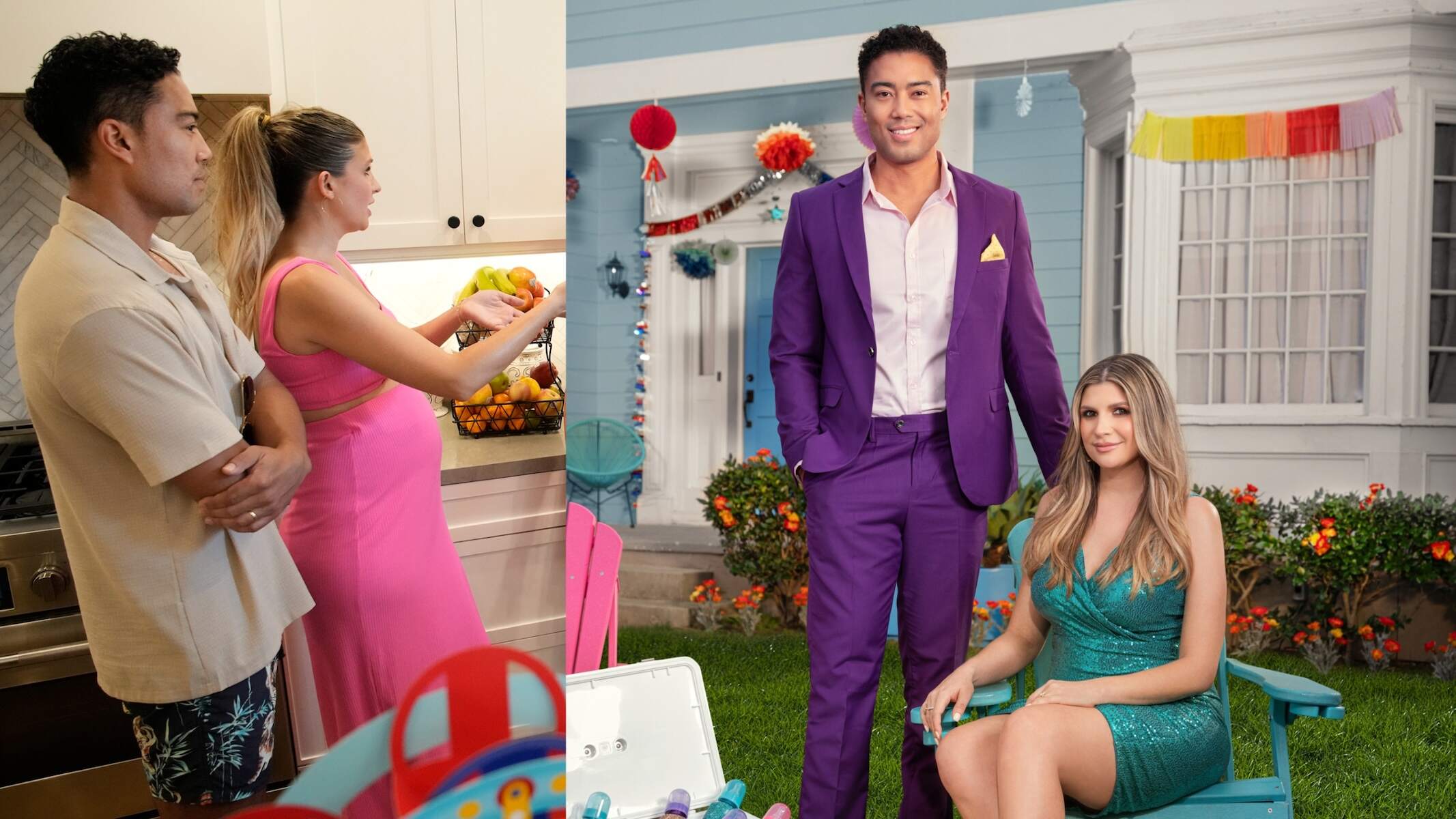 Jason Caperna and Janet Caperna pose for The Valley photos wearing a purple suit and green dress