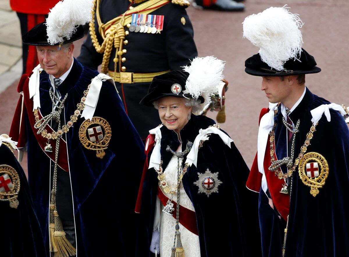 Then-Prince Charels,Queen Elizabeth II, and Prince William join members of the royal family and Knights Garter on a procession