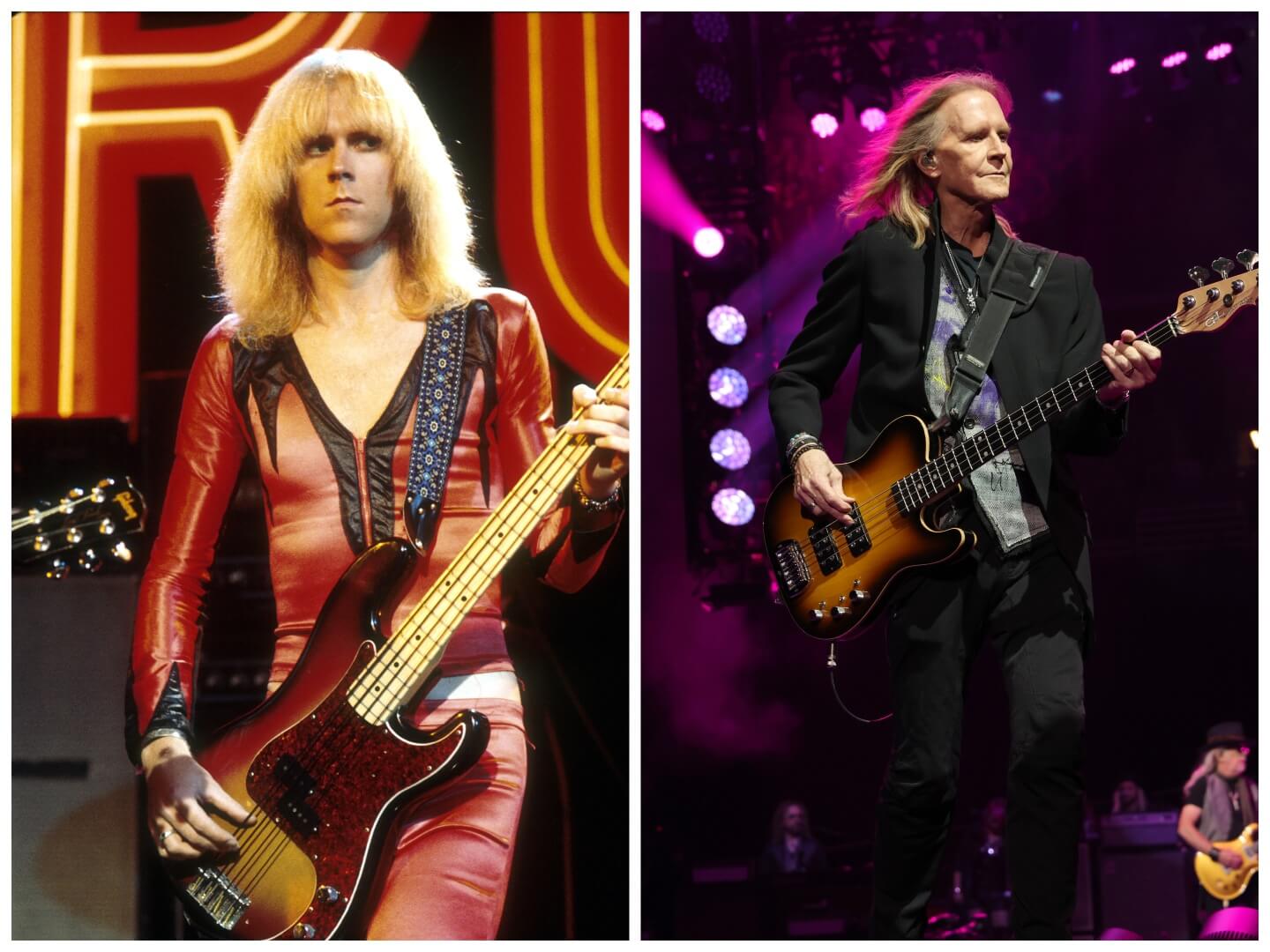 In 1974, Tom Hamilton wears red and holds a guitar. Tom Hamilton wears black and holds a guitar in 2023.