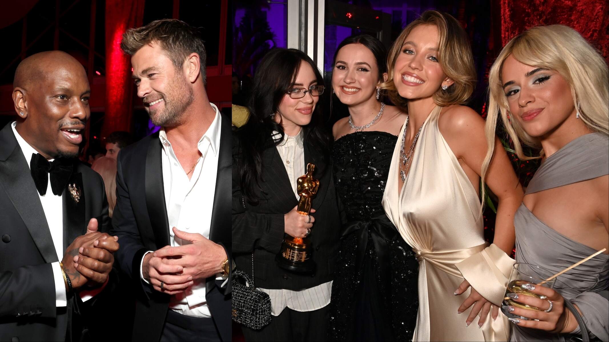 Tyrese Gibson and Chris Hemsworth; Billie Eilish, Maude Apatow, Sydney Sweeney, and Camila Cabello pose together at the 2024 Vanity Fair Oscar Party